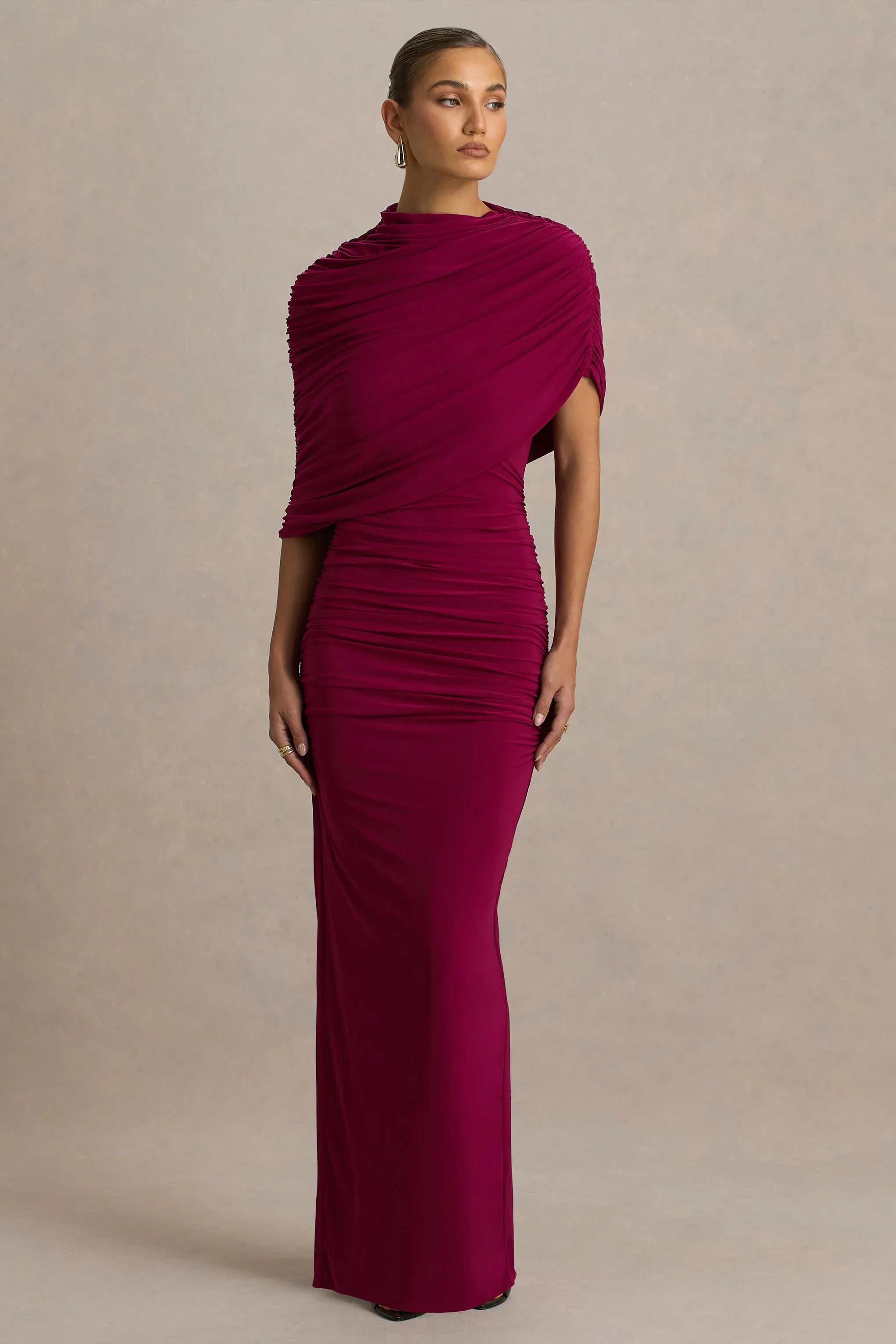 Glitz Burgundy High Neck Maxi Dress With Cape Sleeve and Ruched Detailing