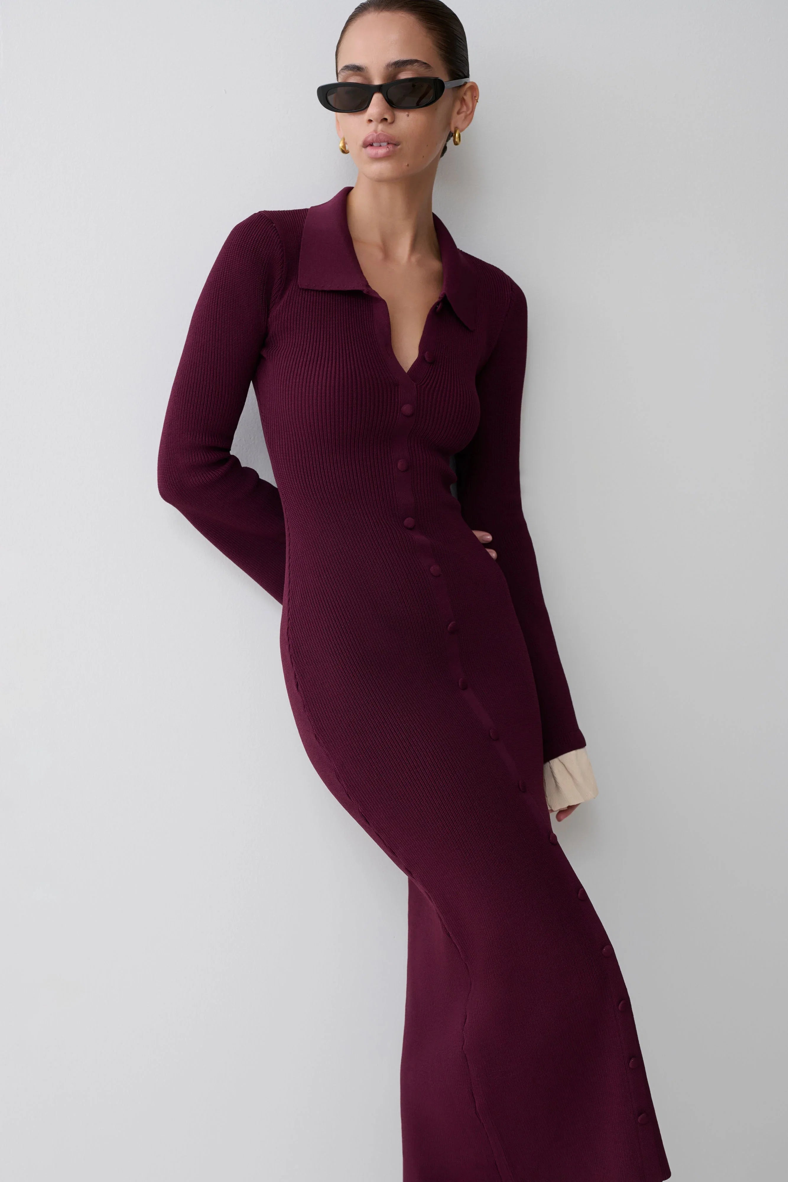 Amirose Ruffle Knit Midi Dress Plum
