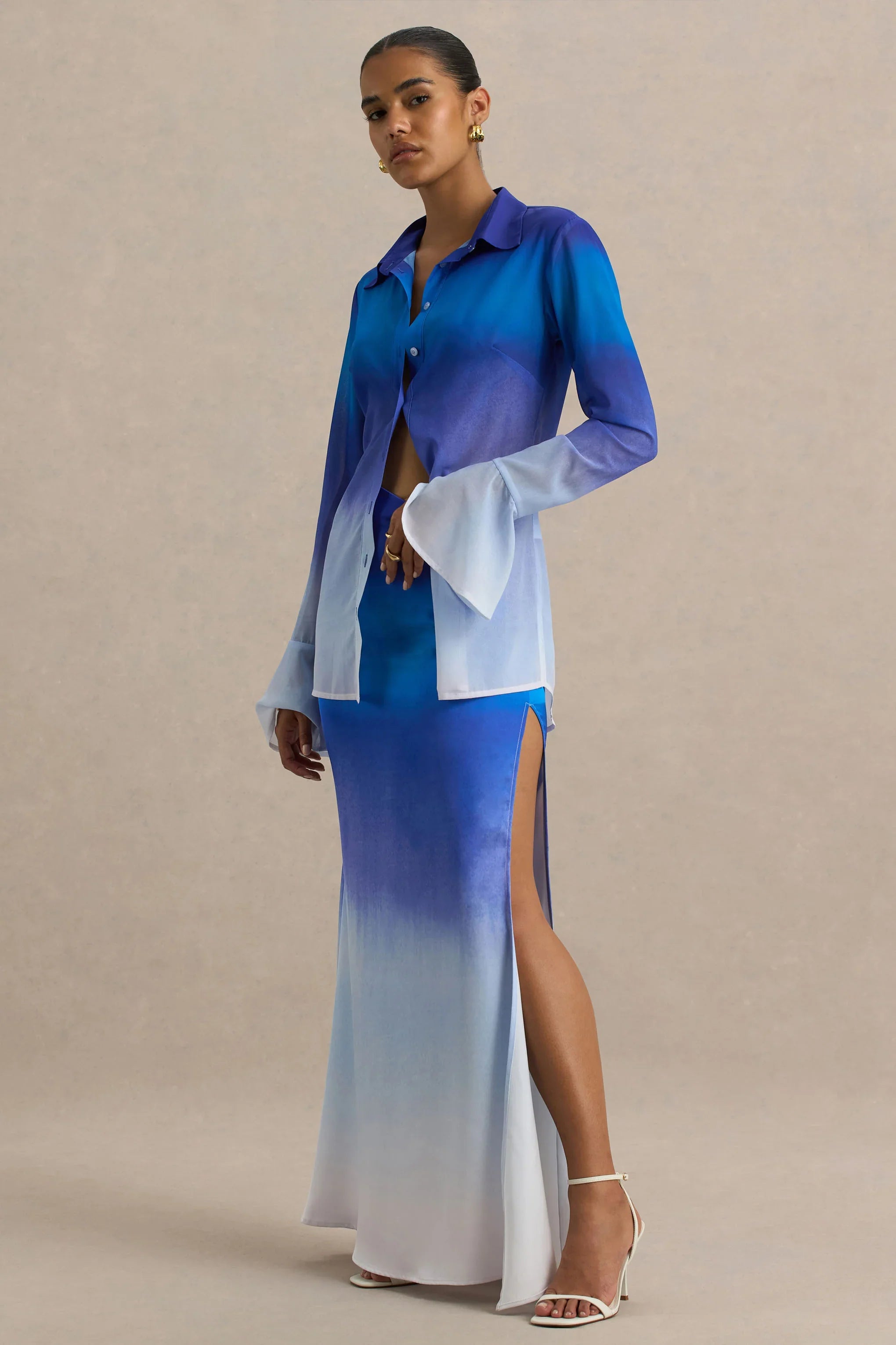 Serita Blue Ombre Satin Split Maxi Skirt