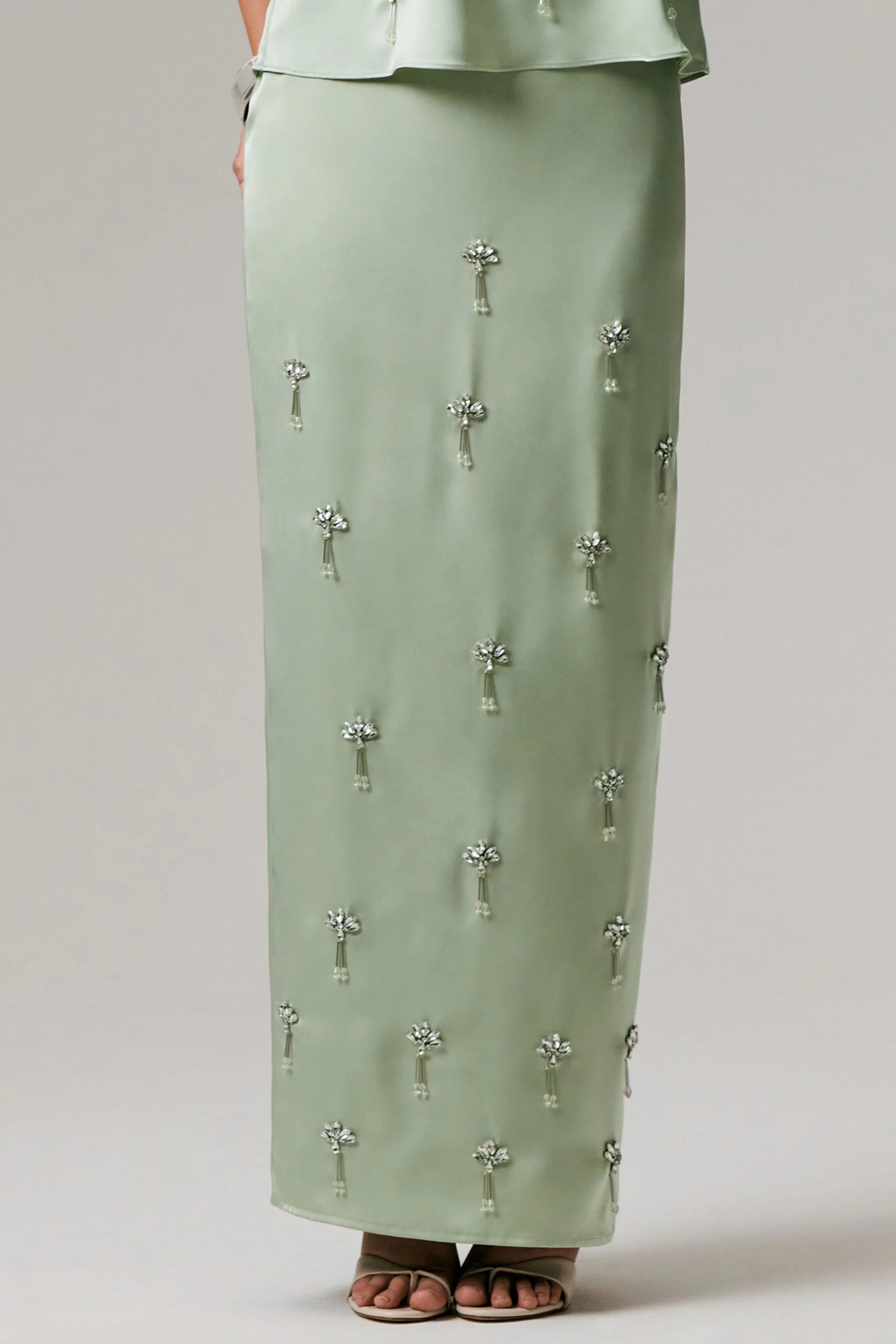 Lena Mint Satin Embellished Maxi Skirt