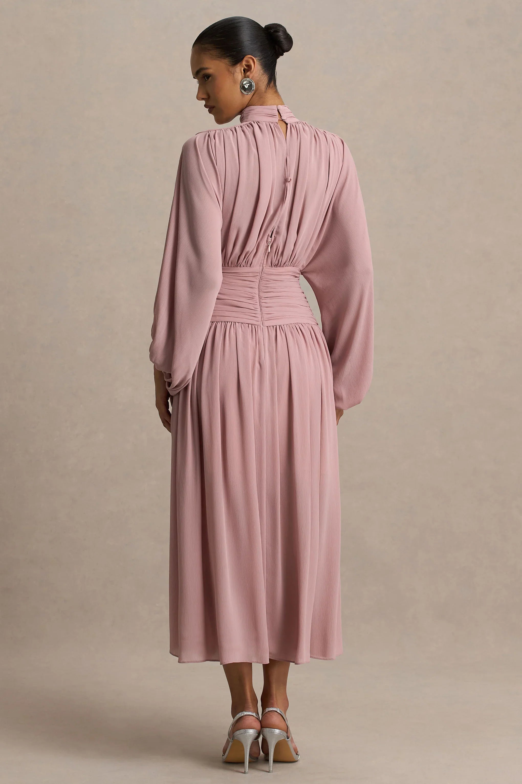 Annabel Dusty Pink High Neck Midi Dress With Drop Waist And Pleated Detailing