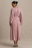 Annabel Dusty Pink High Neck Midi Dress With Drop Waist And Pleated Detailing