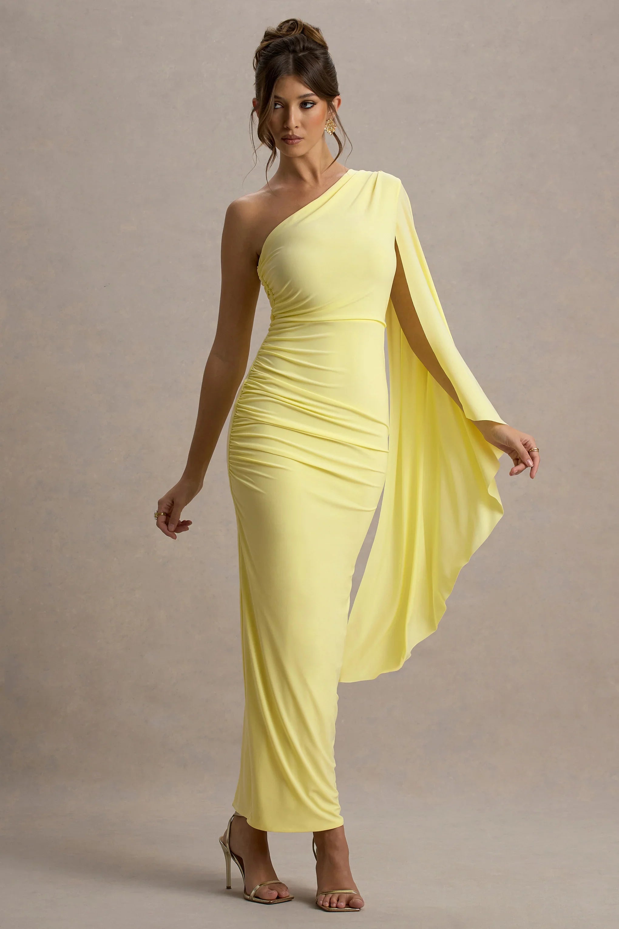Clementina Lemon Asymmetric Cape Sleeve Maxi Dress