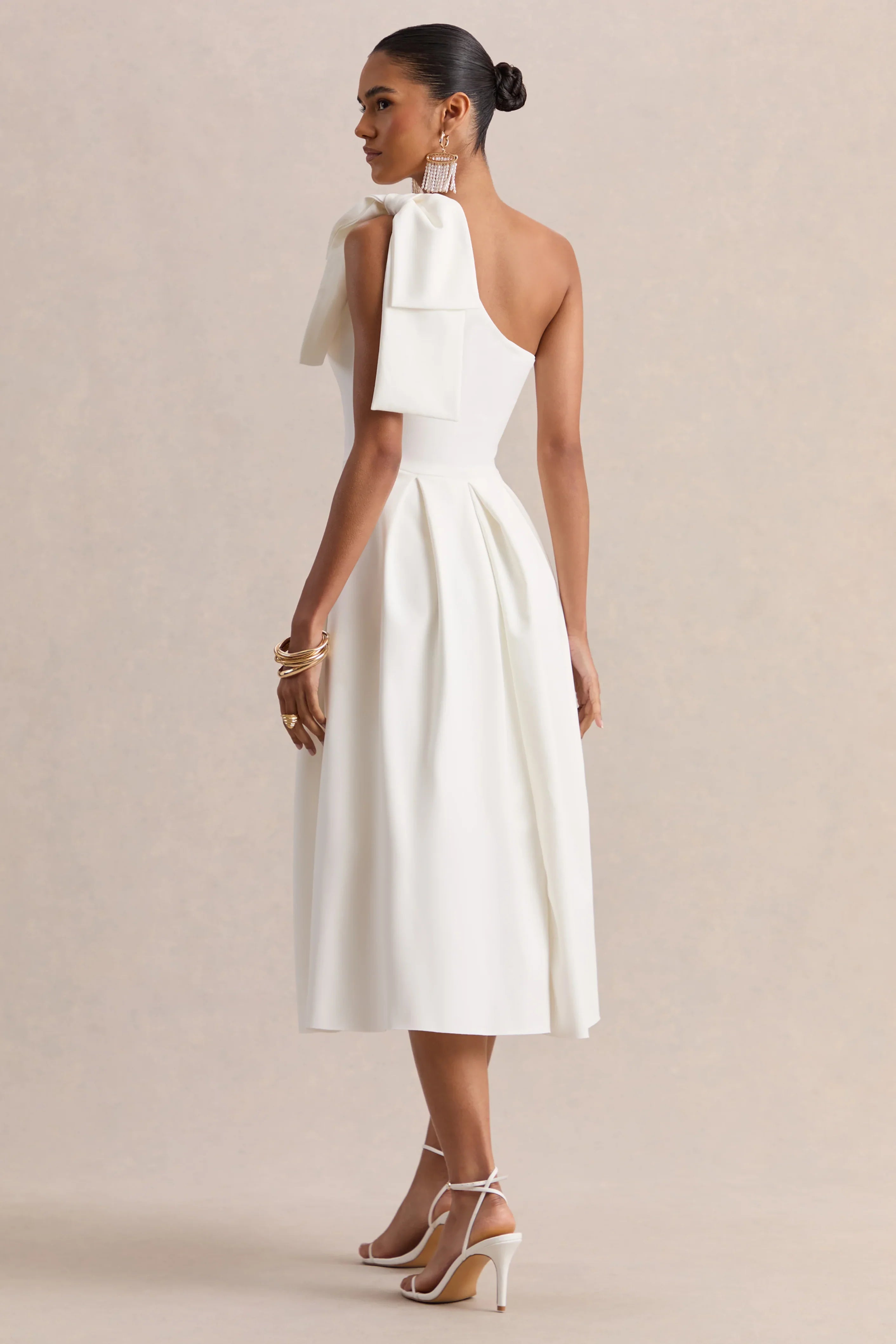 Meria White Asymmetric Neck Midi Dress With Bow Sleeve