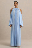 Reyna Powder Blue Pleated Chiffon Cold Shoulder Maxi Dress
