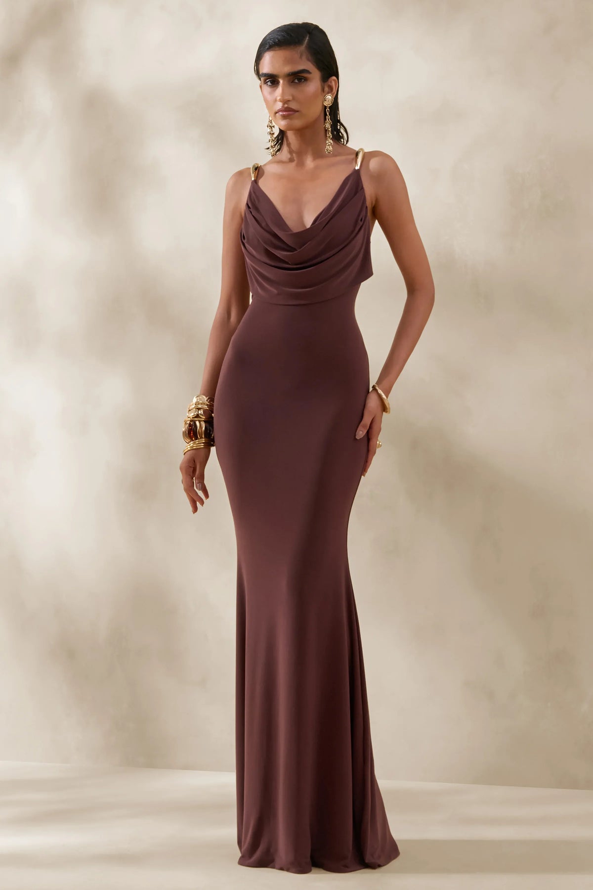 Iridessa Brown Plunge Neck Maxi Dress