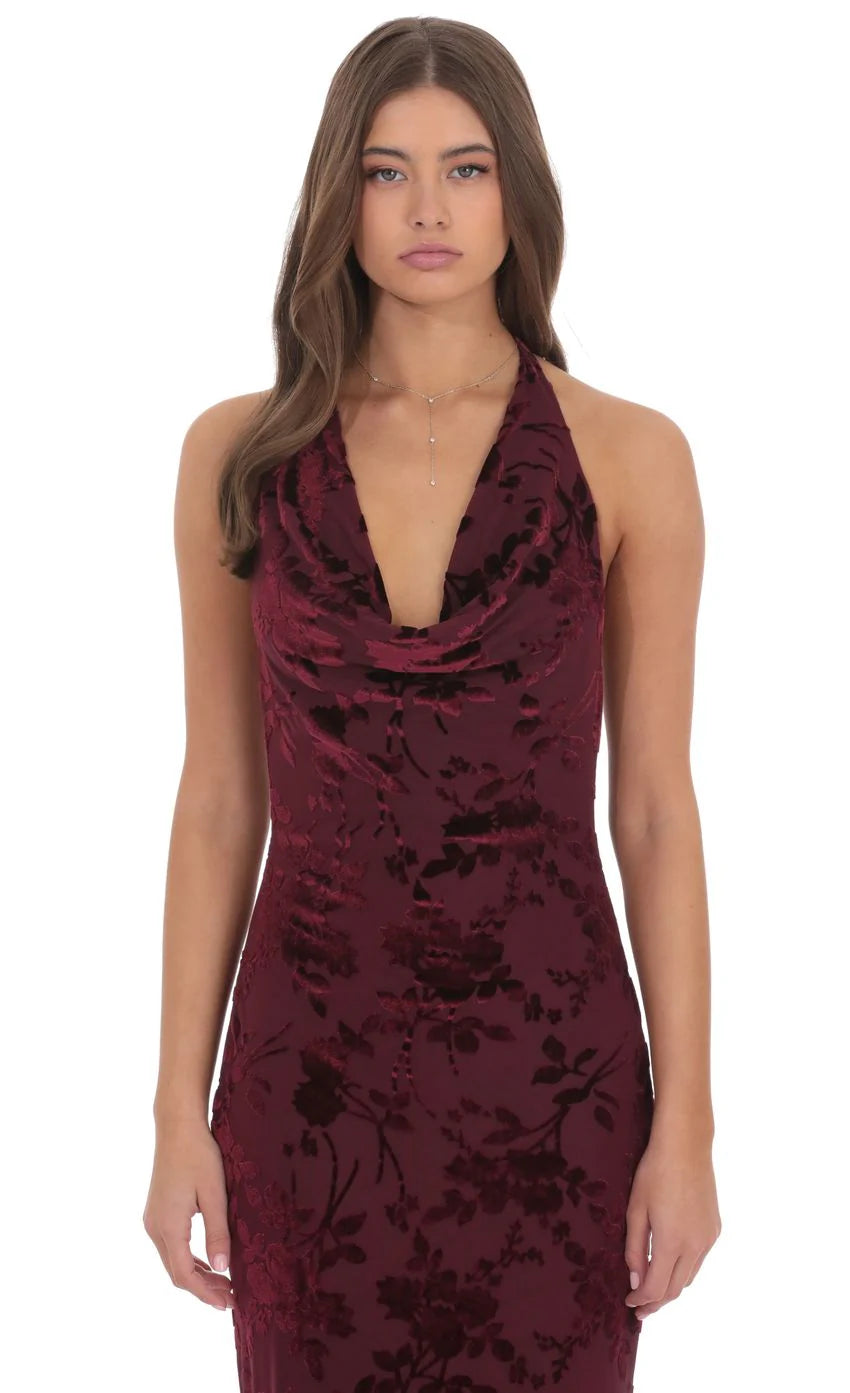 Velvet Floral Halter Cowl Neck Maxi Dress in Plum