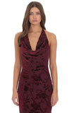 Velvet Floral Halter Cowl Neck Maxi Dress in Plum