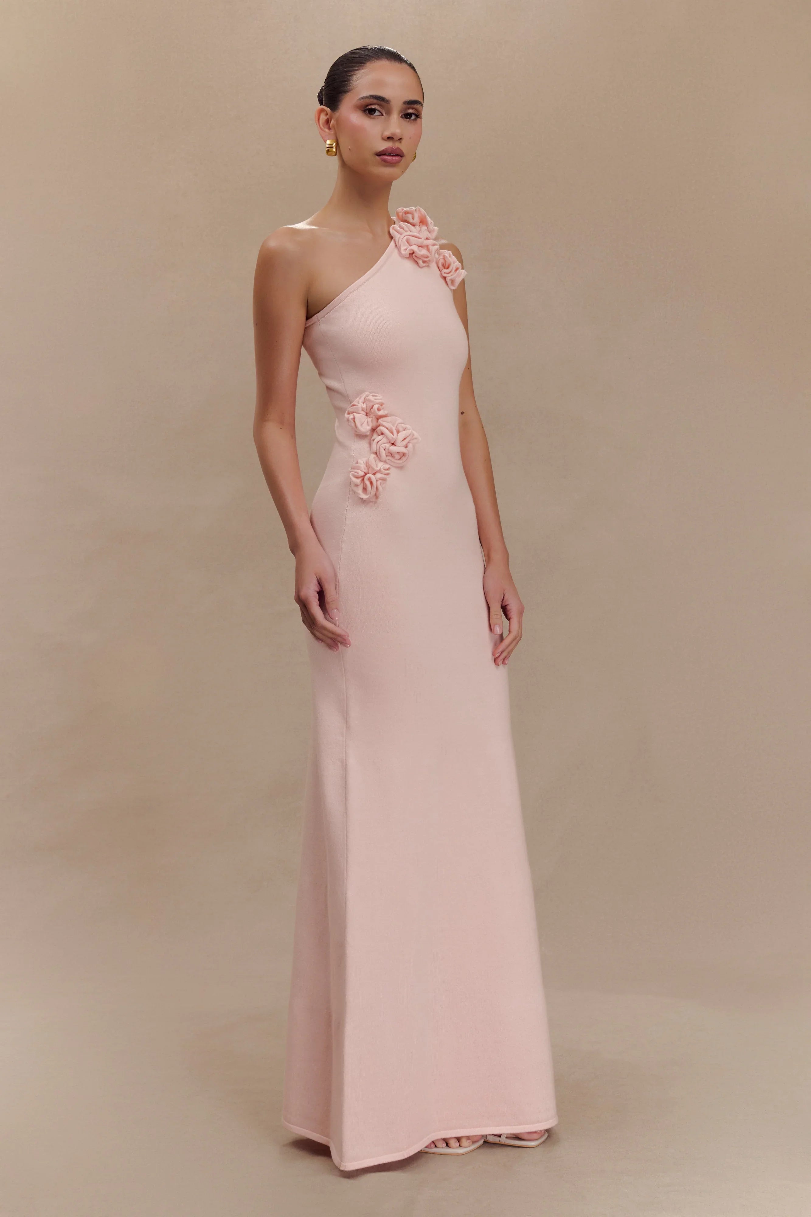 Paloma One Shoulder Knit Maxi Dress With Flowers Baby Pink