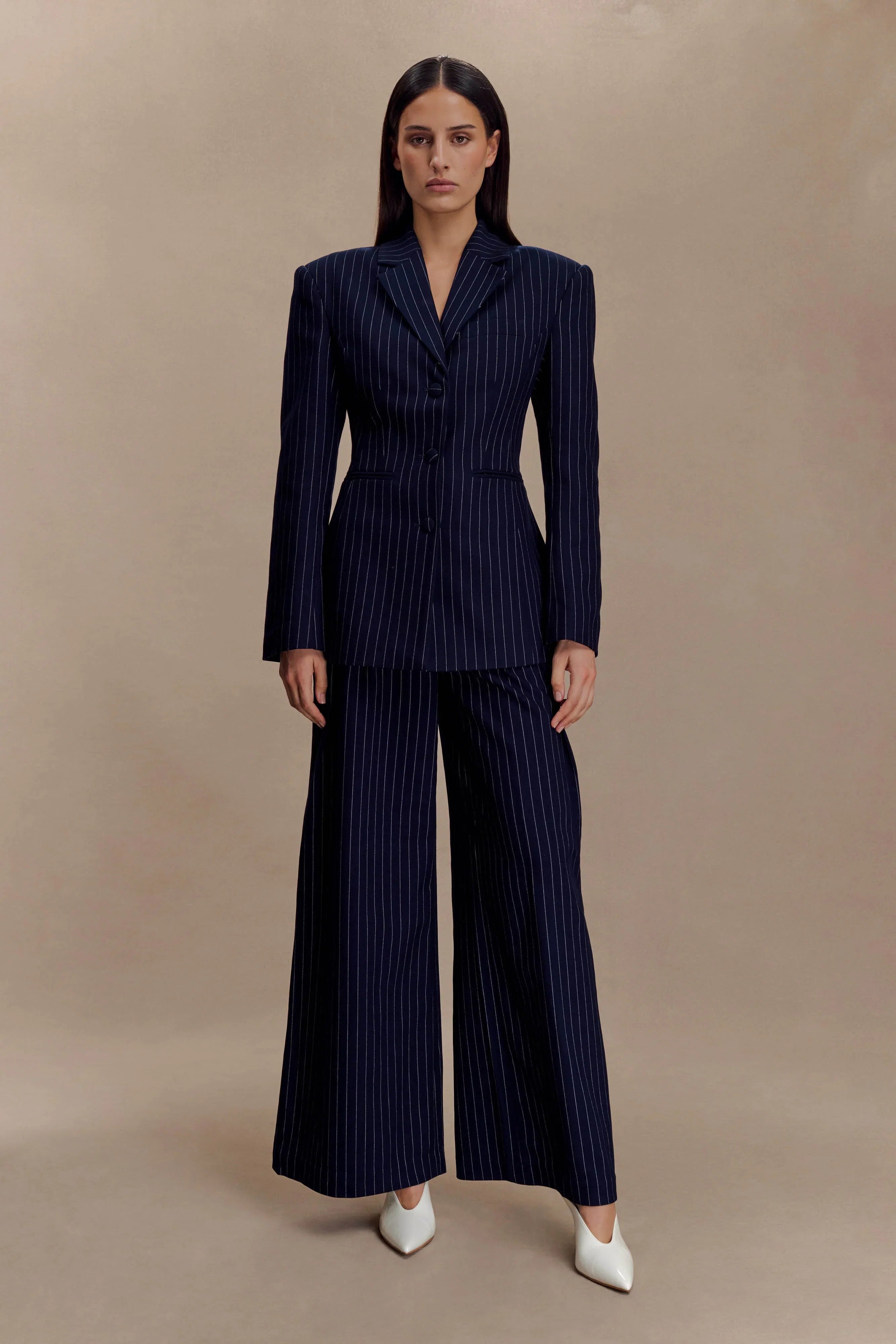 Jacqueline Pleated Wide Leg Pants Navy Pinstripe