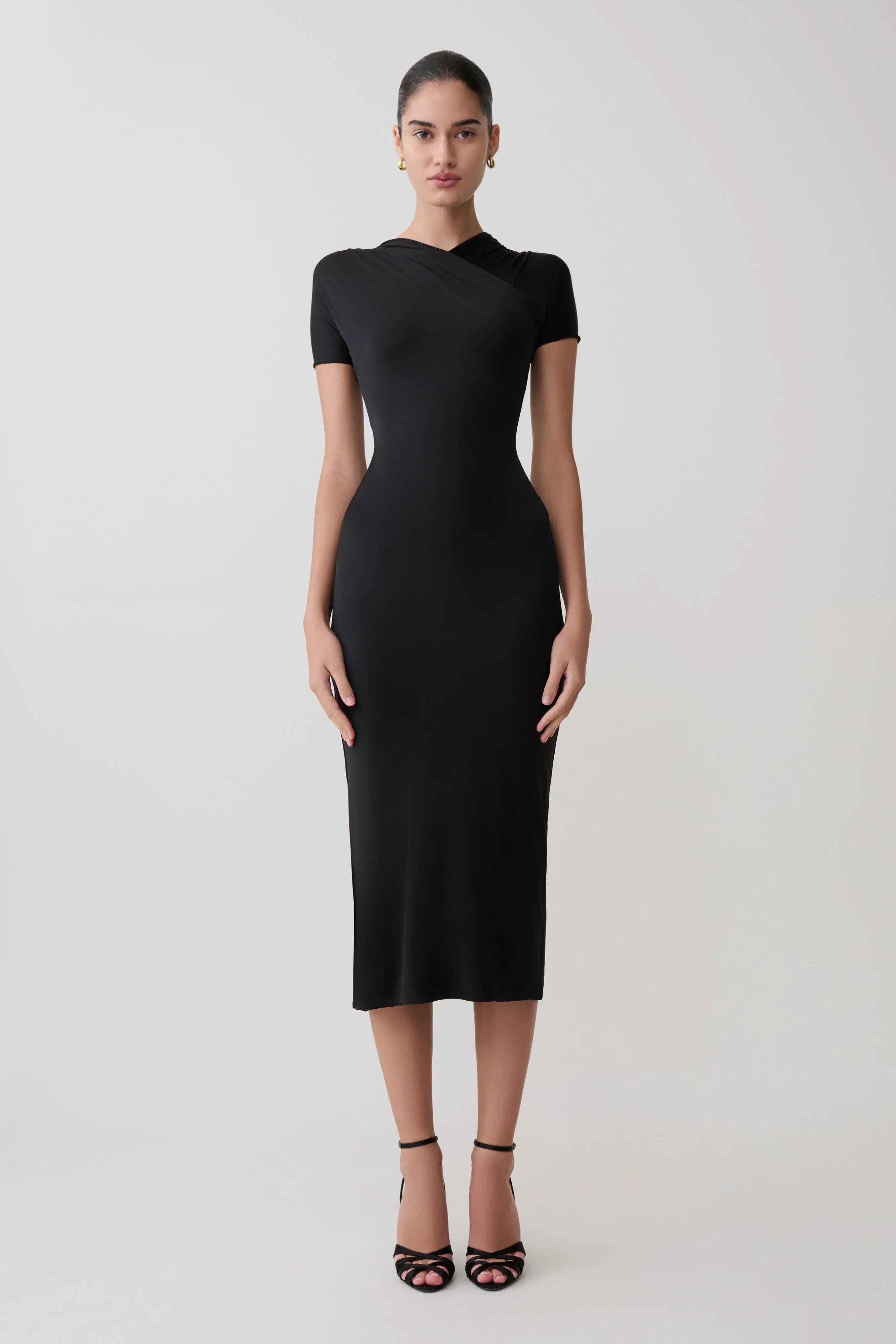 Junie Cross Over Neck Slinky Maxi Dress Black