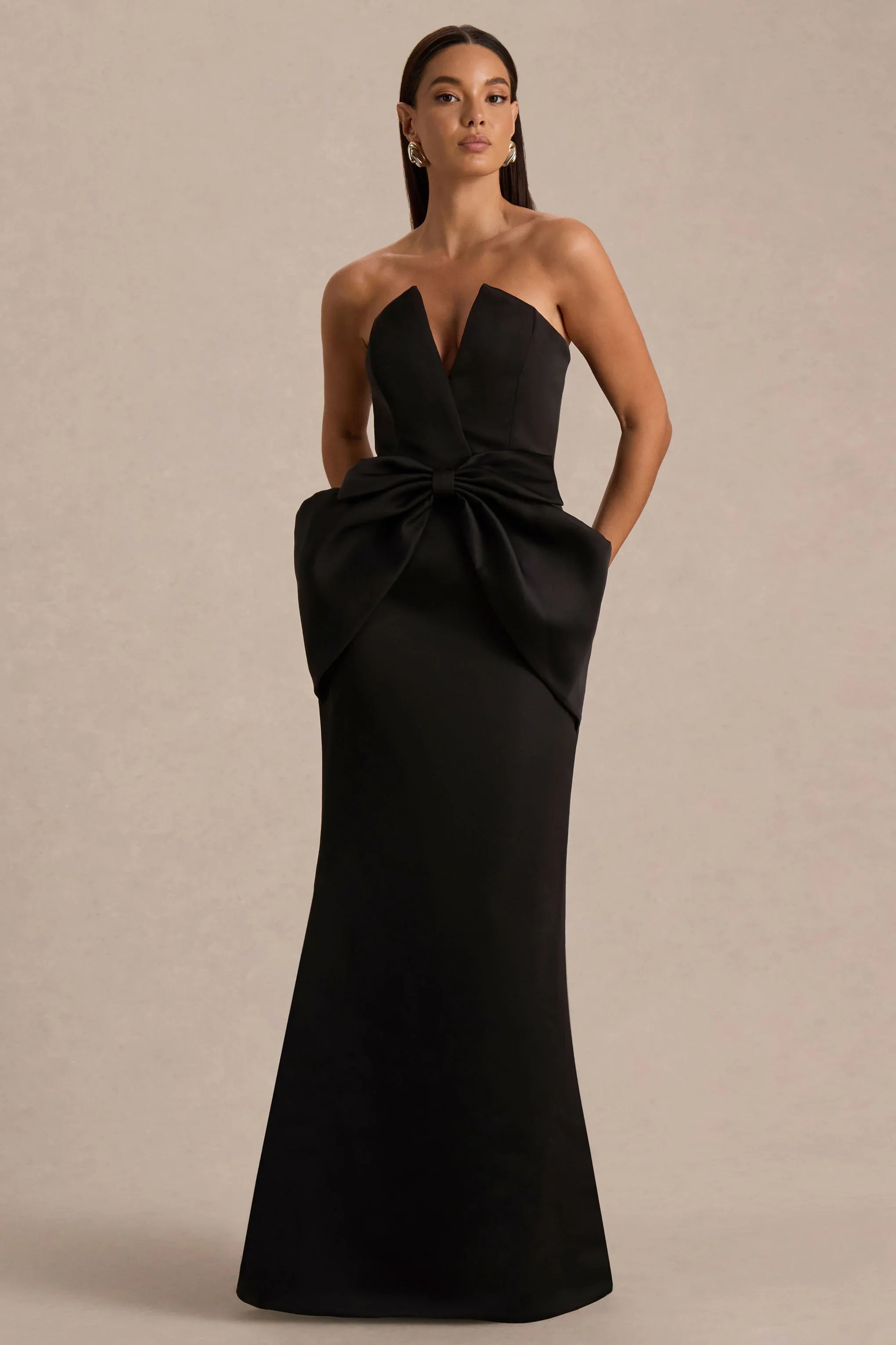 Sonata Black Satin Bandeau Maxi Dress With Bow Detail