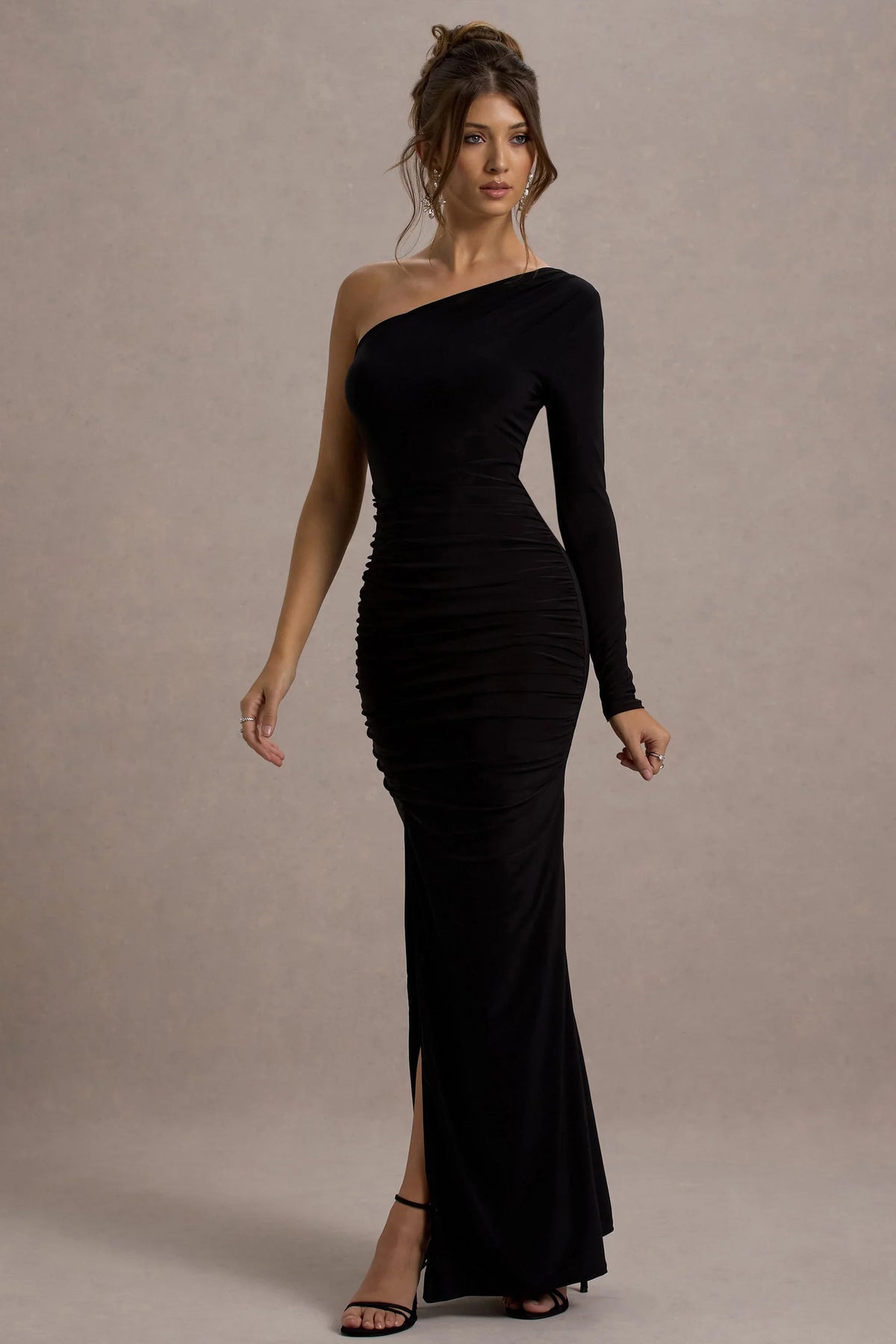 Doll Black Asymmetric One Sleeve Ruched Maxi Dress