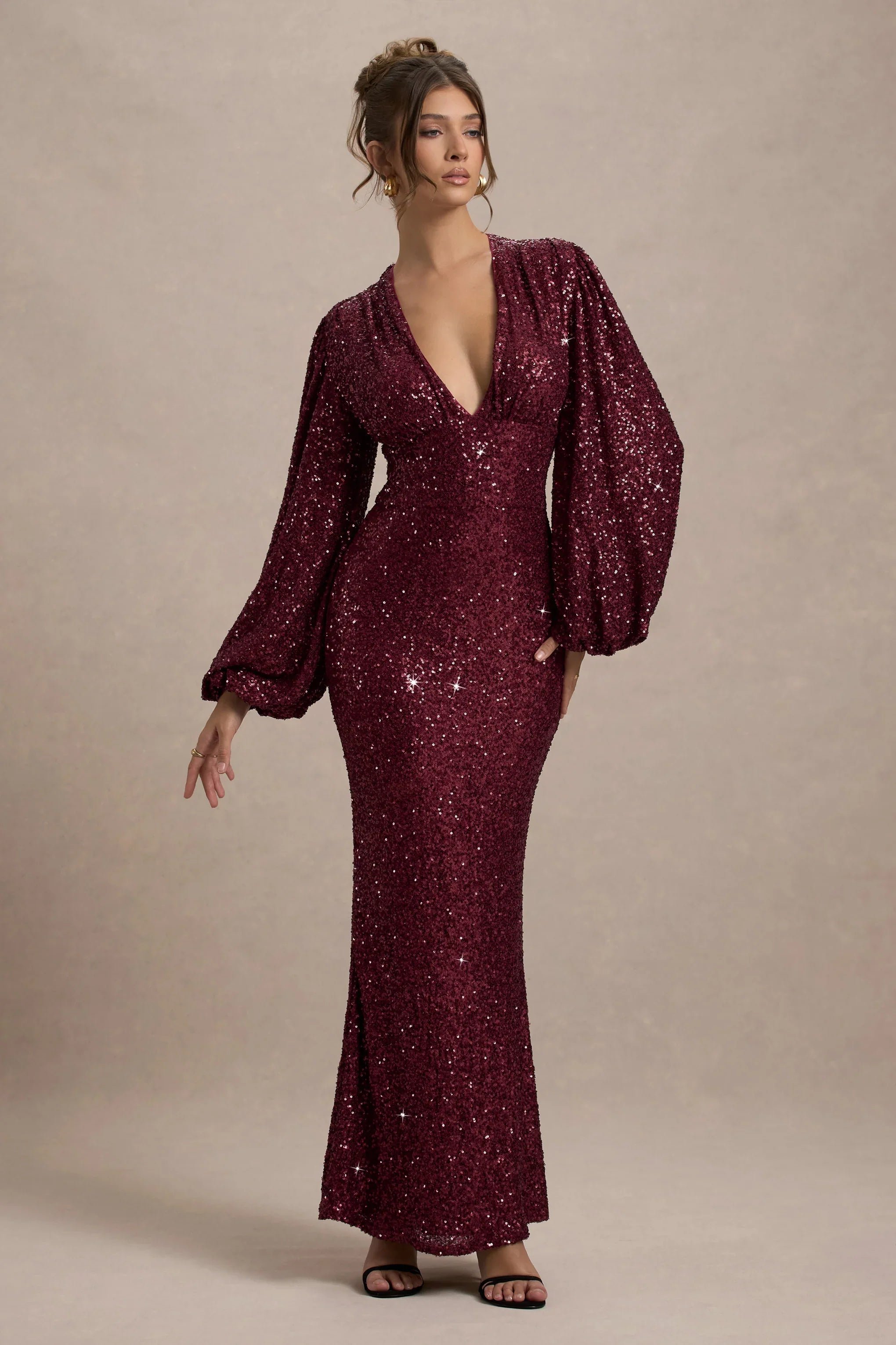 Kaelin Berry Sequin Plunge Neck Maxi Dress