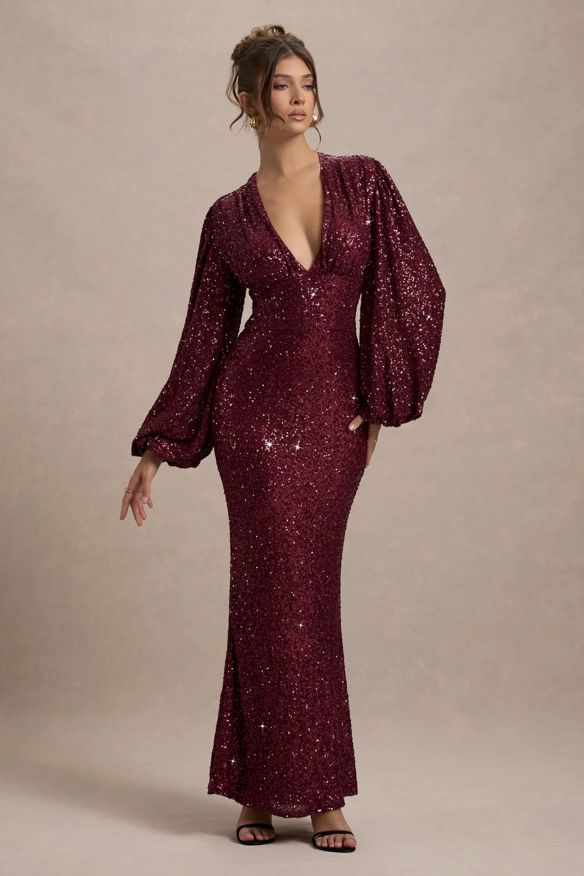 Kaelin Berry Sequin Plunge Neck Maxi Dress