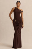 Caelia Brown Asymmetric Neck Maxi Dress With Gold Detailing And Sash