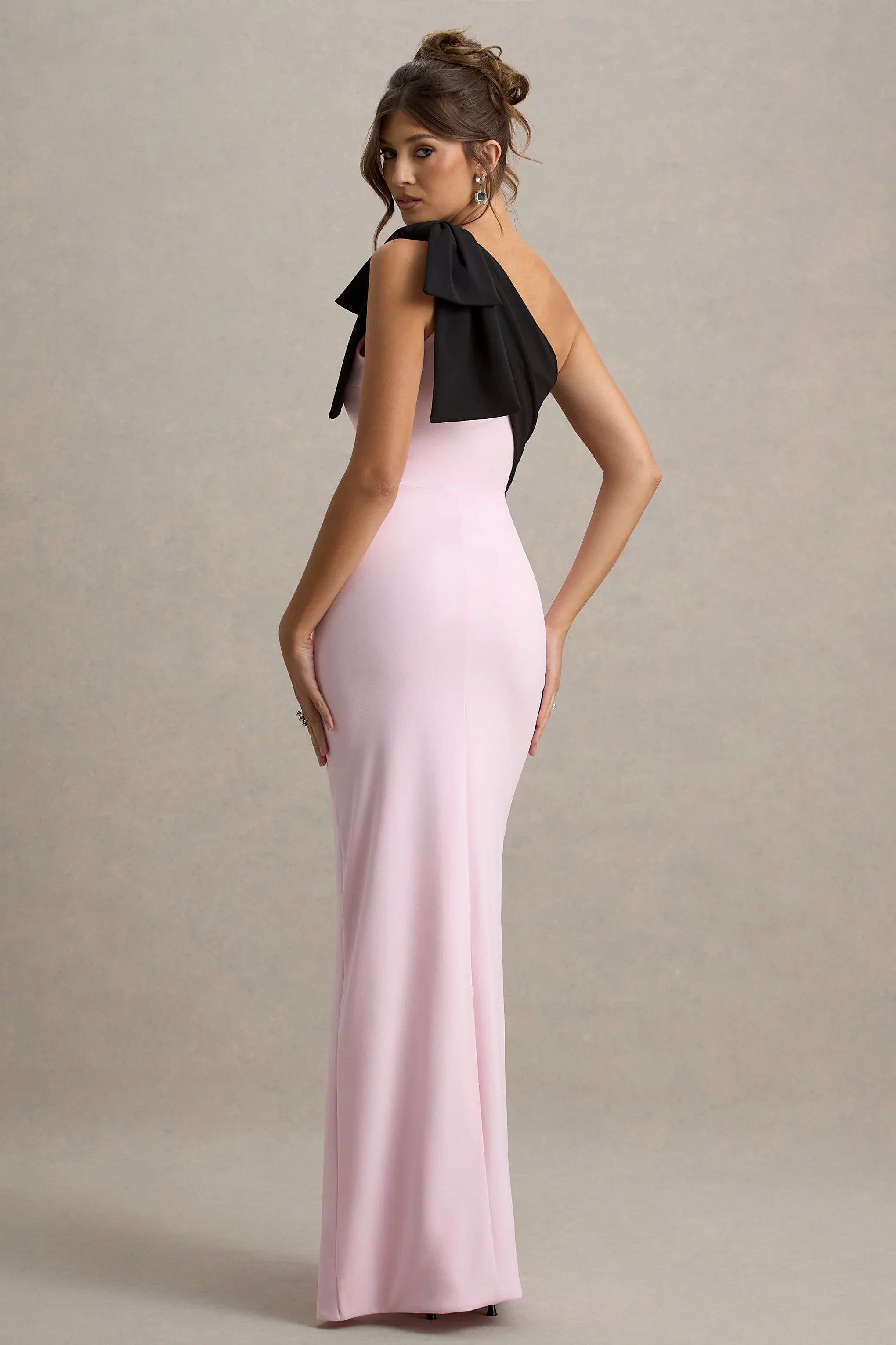 Kiri Pink Black One Shoulder Bow Maxi Dress