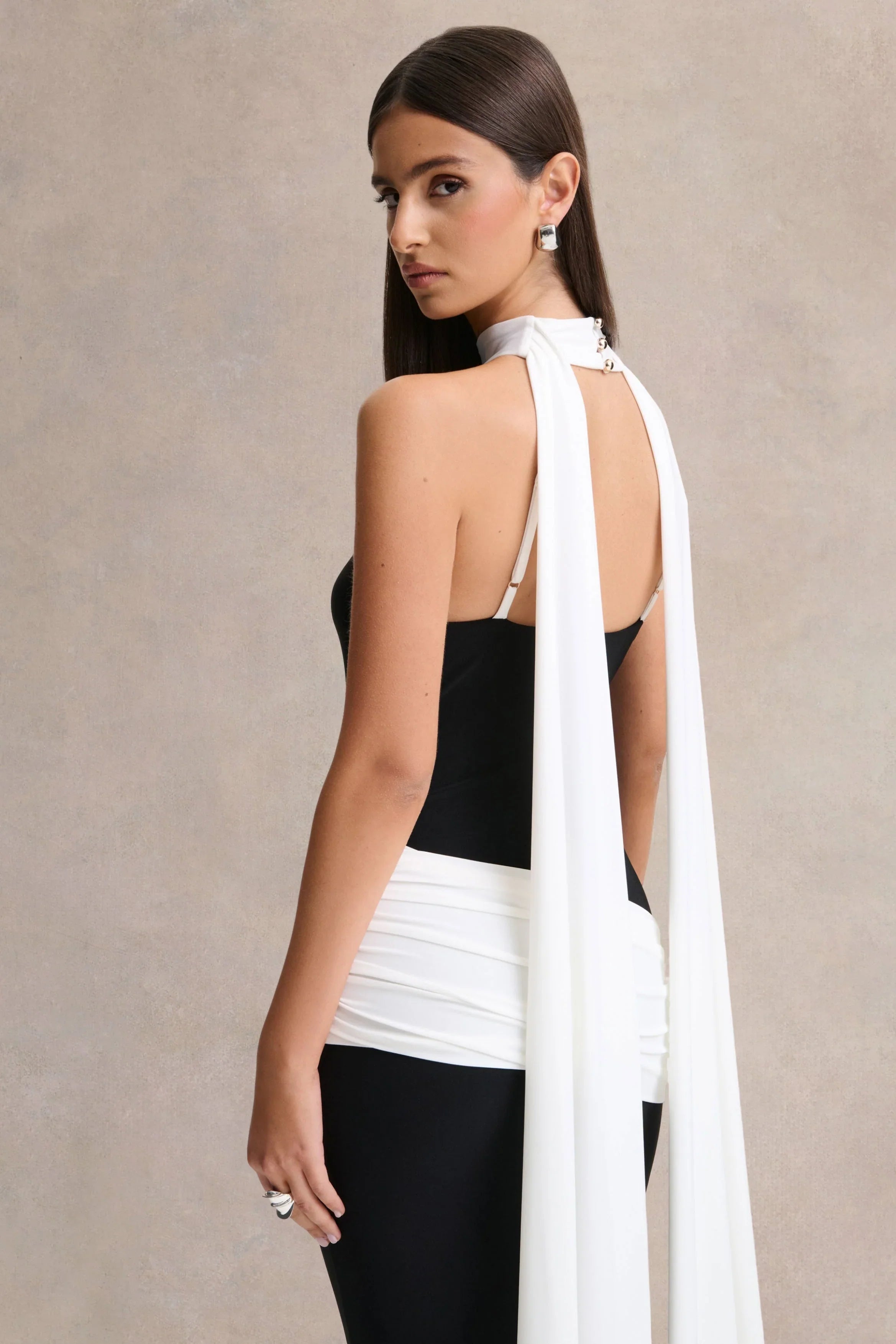 Dorinda Black And White High Neck Maxi Dress With Drape And Scarf Detail