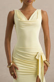 Pure Affection Pale Lemon Cowl Neck Maxi Dress With Ruched Detailing And Front High Split