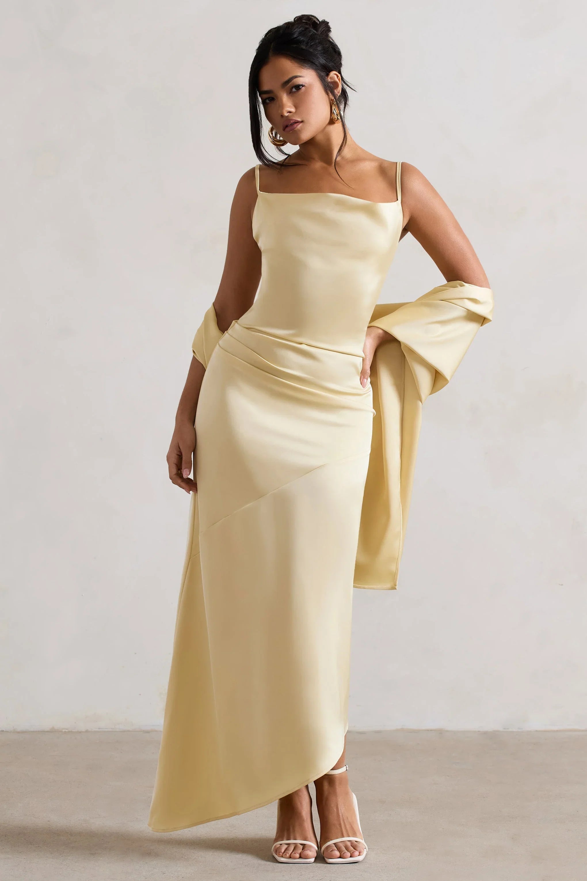 Santi Lemon Satin Cowl Neck Asymmetric Maxi Dress
