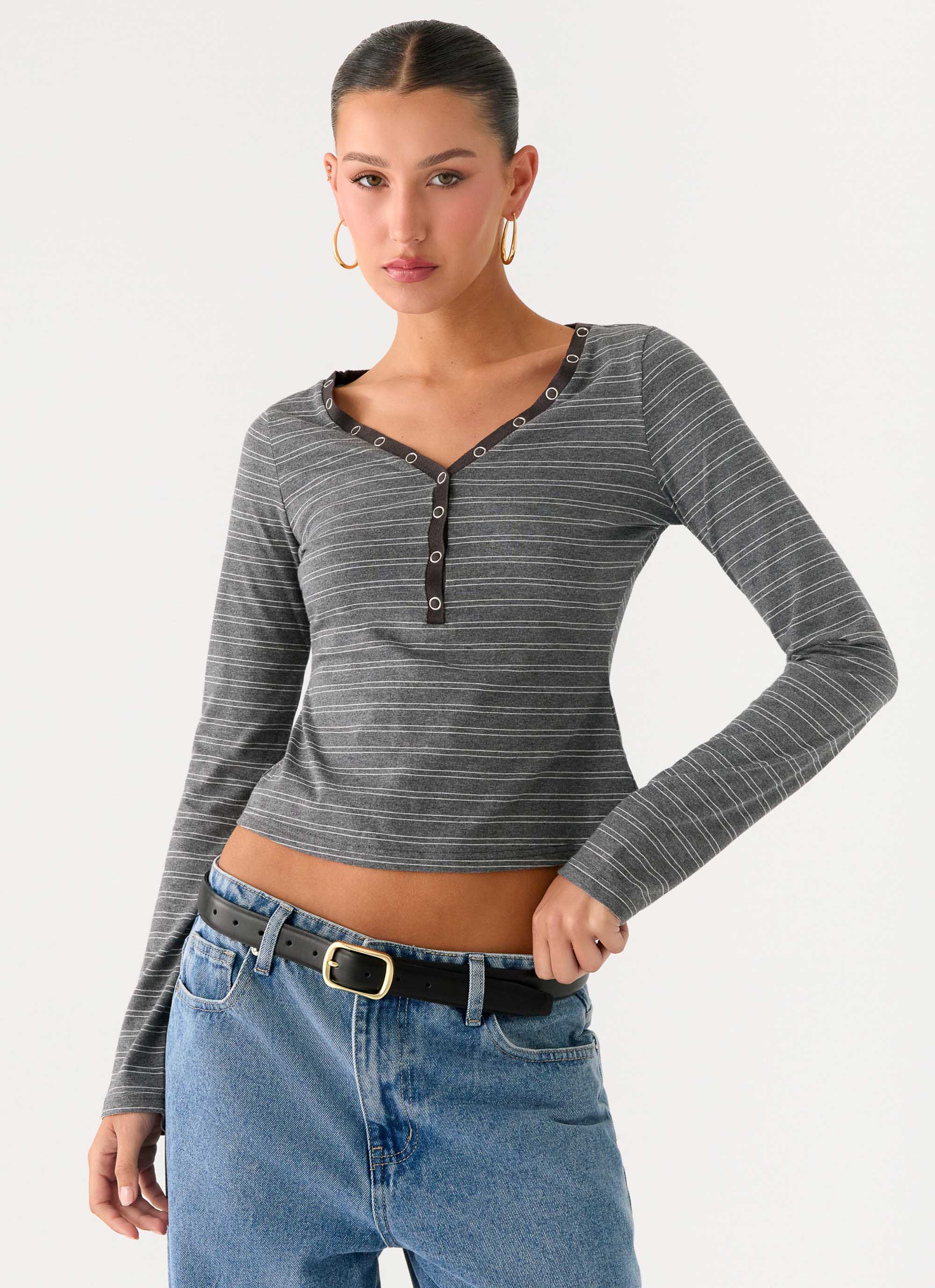 Kaytra Long Sleeve Top Grey Marle Stripe