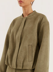 Olive Faux Suede Bomber Jacket