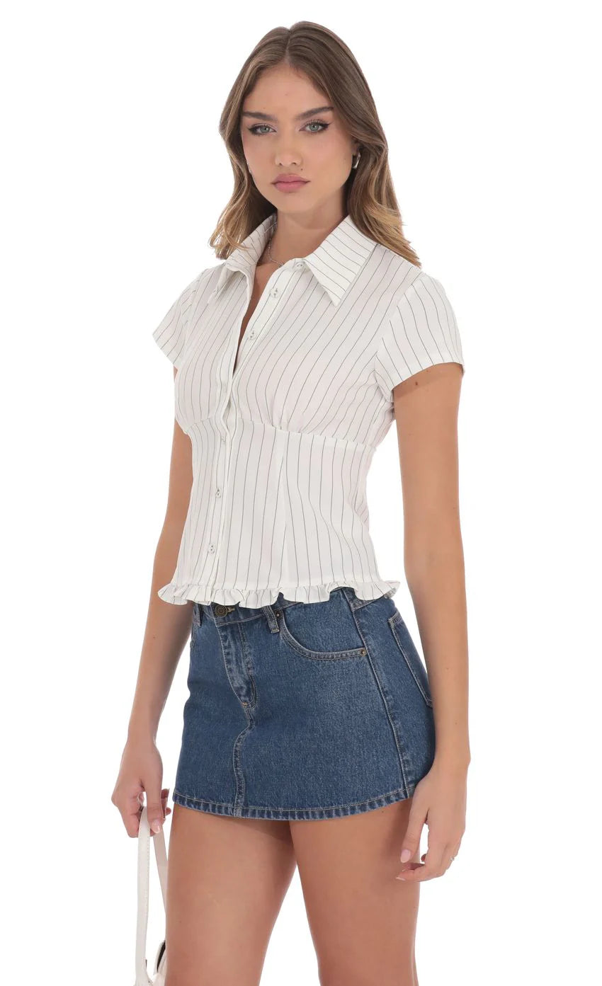 PinStripe Button Up Ruffle Top in White