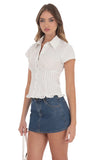 PinStripe Button Up Ruffle Top in White