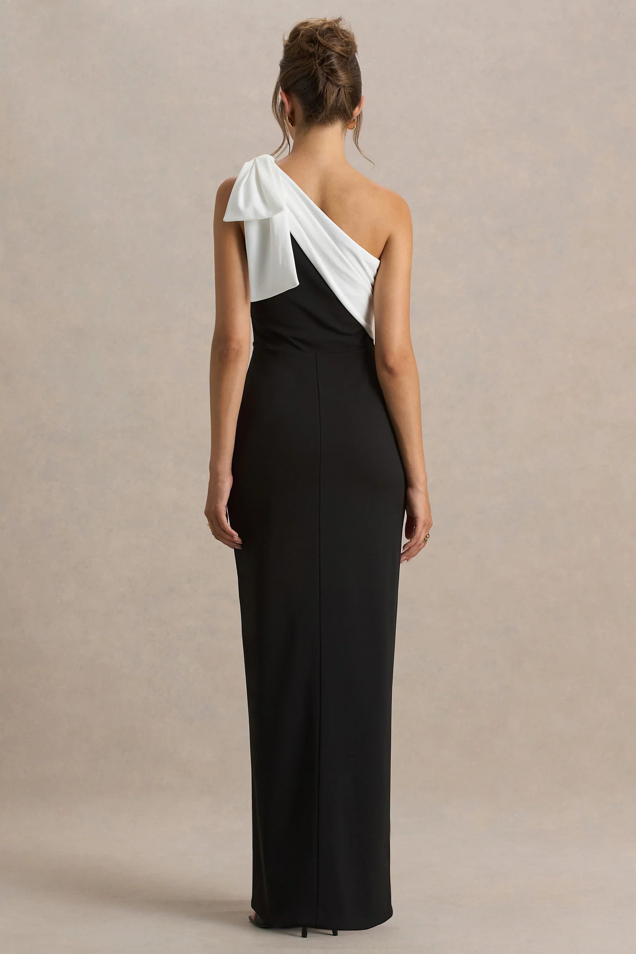 Kiri Black White One Shoulder Bow Maxi Dress