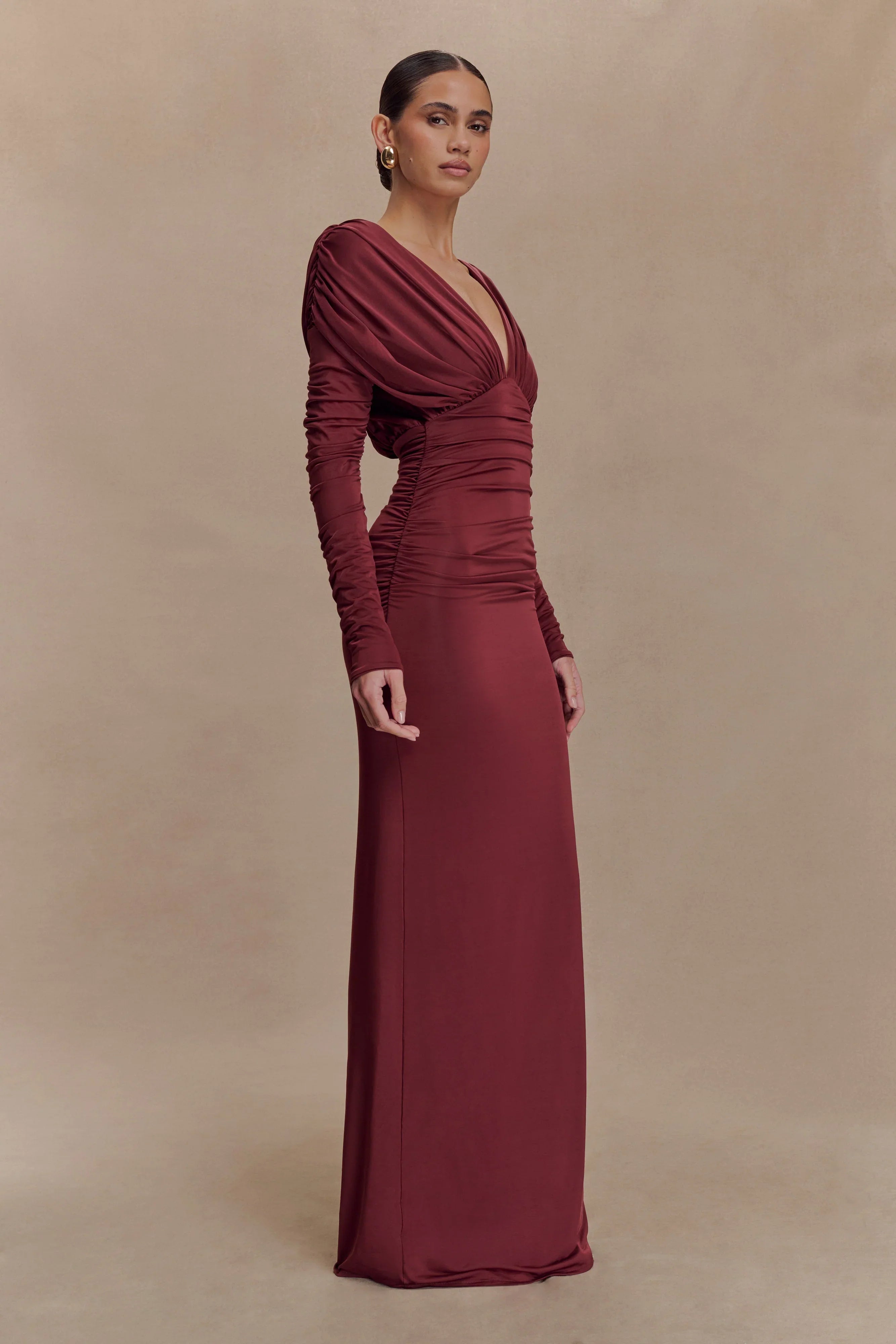 Hayden Long Sleeve Plunge Maxi Dress Wine