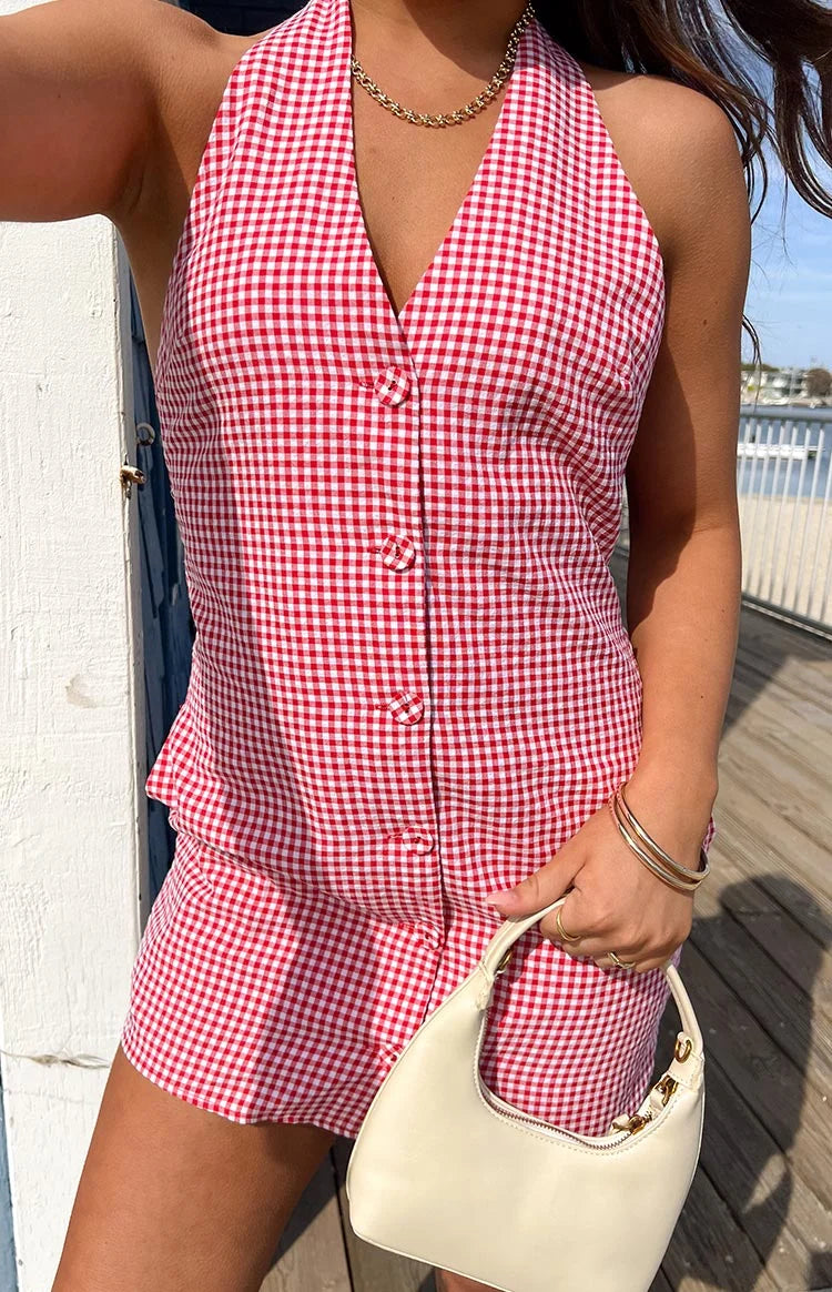 Felix Red Gingham Halter Mini Dress