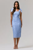 Precious Treasure Powder Blue Square Neck Midi Dress With Tie Details