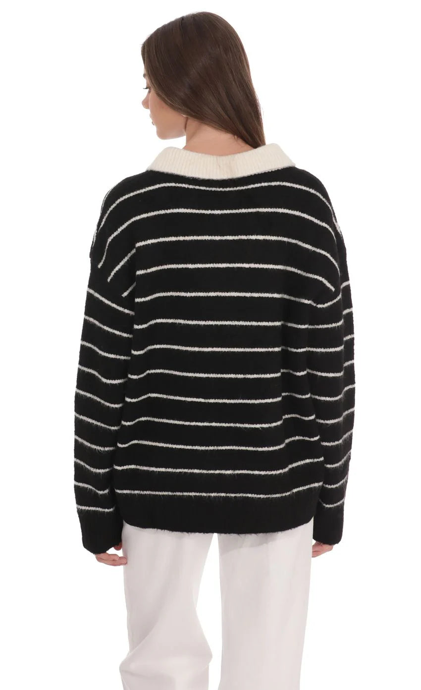 Striped Knit Rugby Jumper in Black