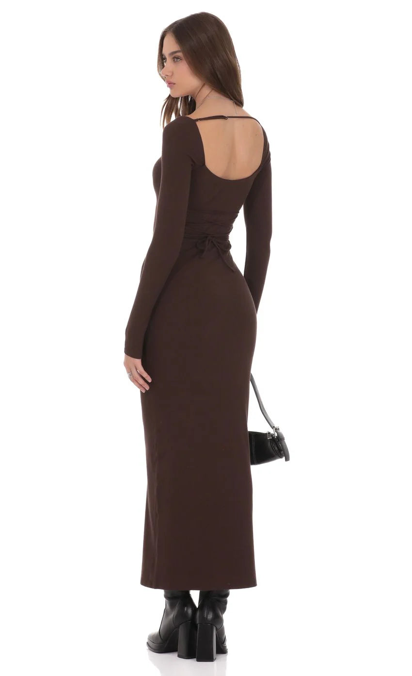 Cinch Tie Ribbed Maxi Dress in Brown