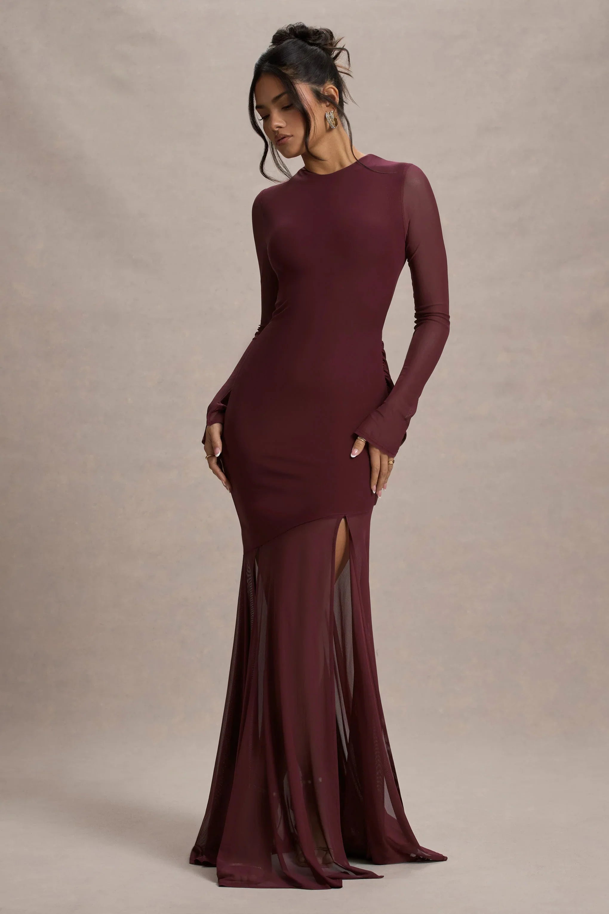 Tigerlily Port Mesh Long Sleeve Open Back Maxi Dress