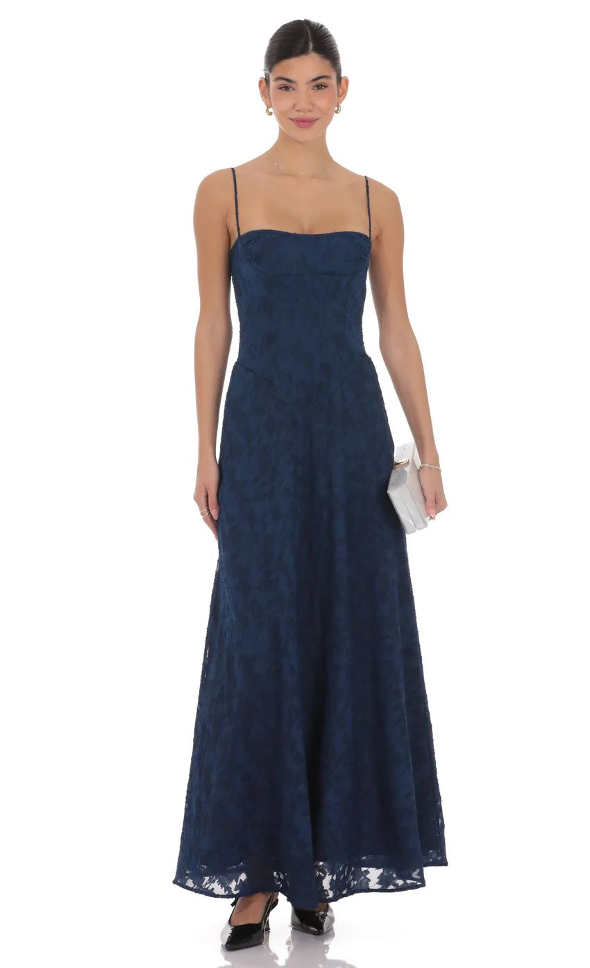 Burnout Lace Up Maxi Dress in Navy