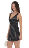 Satin Polka Dot V Neck Dress in Black