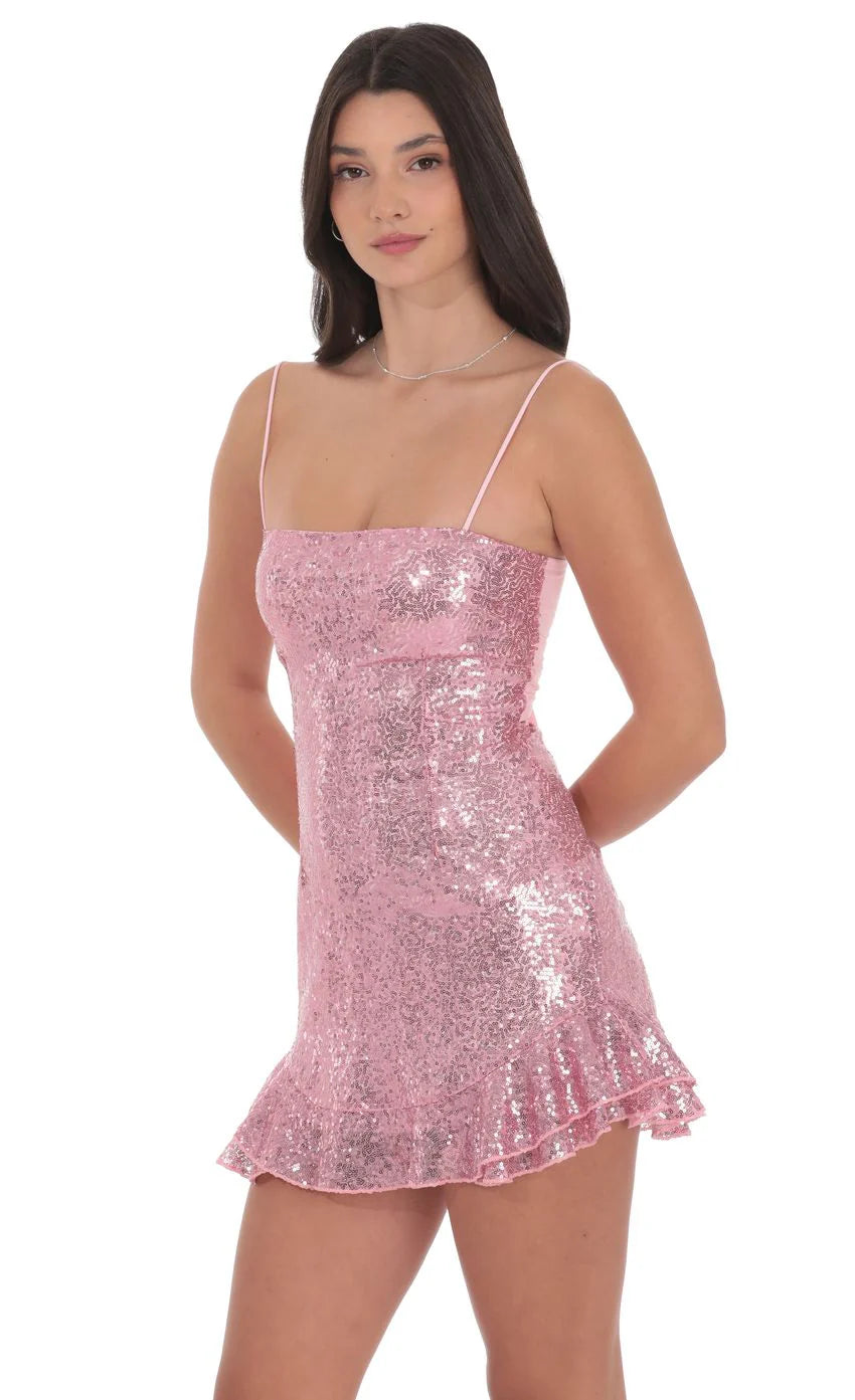 Sequin Ruffle Dress in Pink