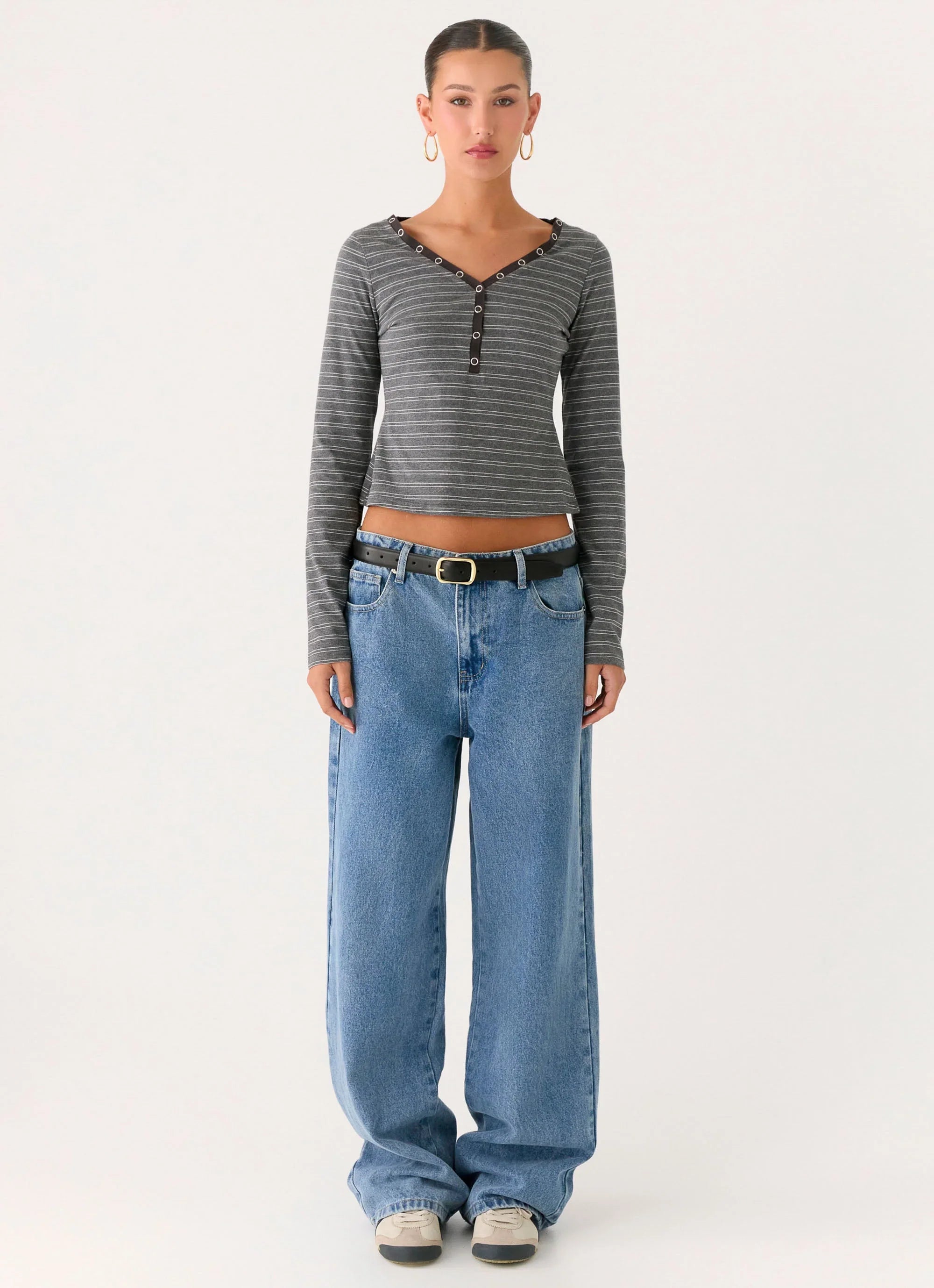 Kaytra Long Sleeve Top Grey Marle Stripe
