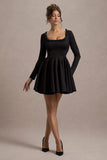 Wilder Black Embellished Square Neck Long Sleeve Skater Mini Dress