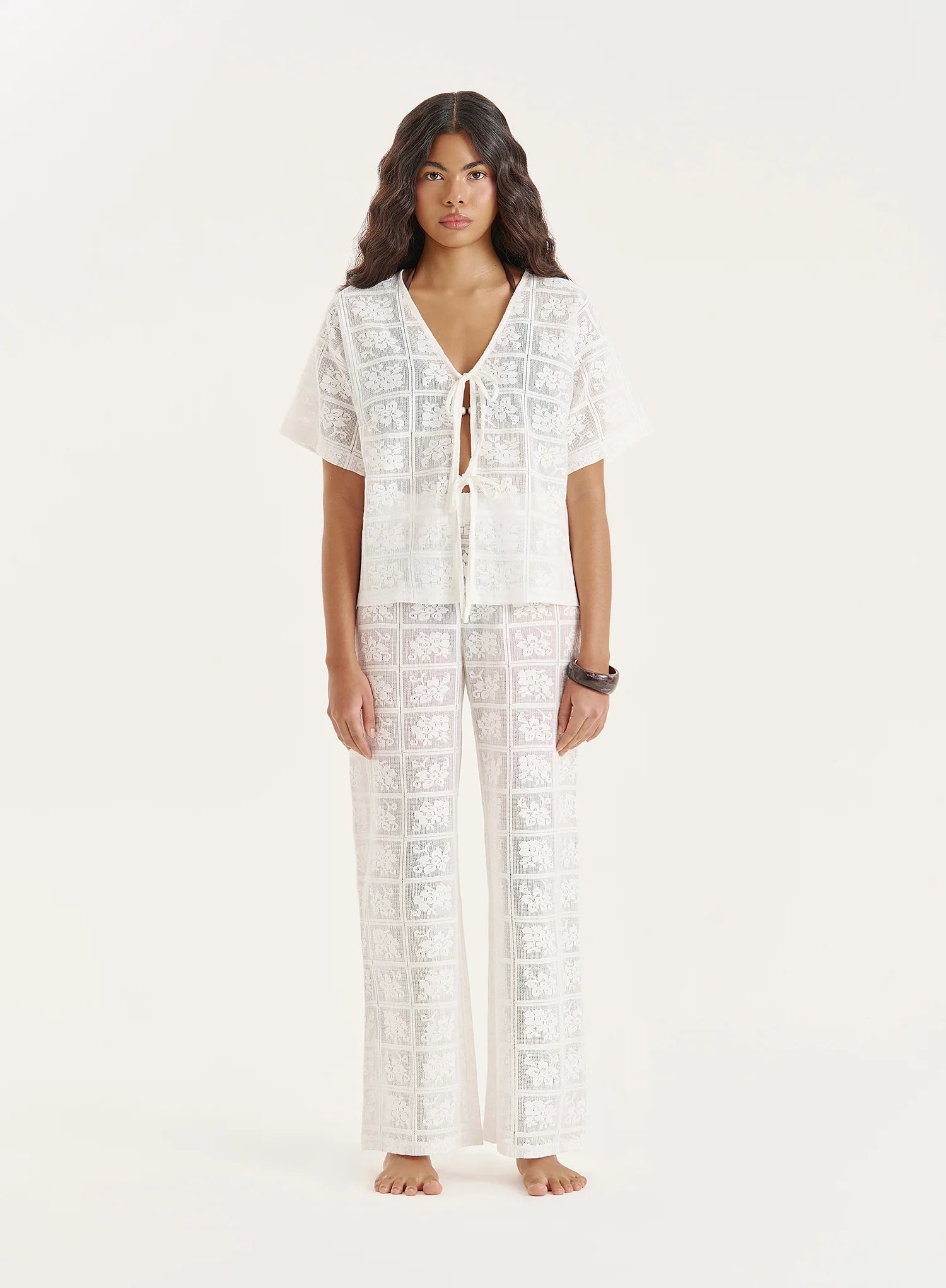 White Crochet Lace Tie Front Top