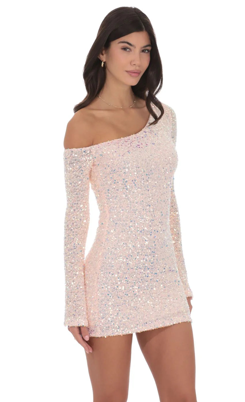 Sequin One Shoulder Bodycon Dress in Light Pink