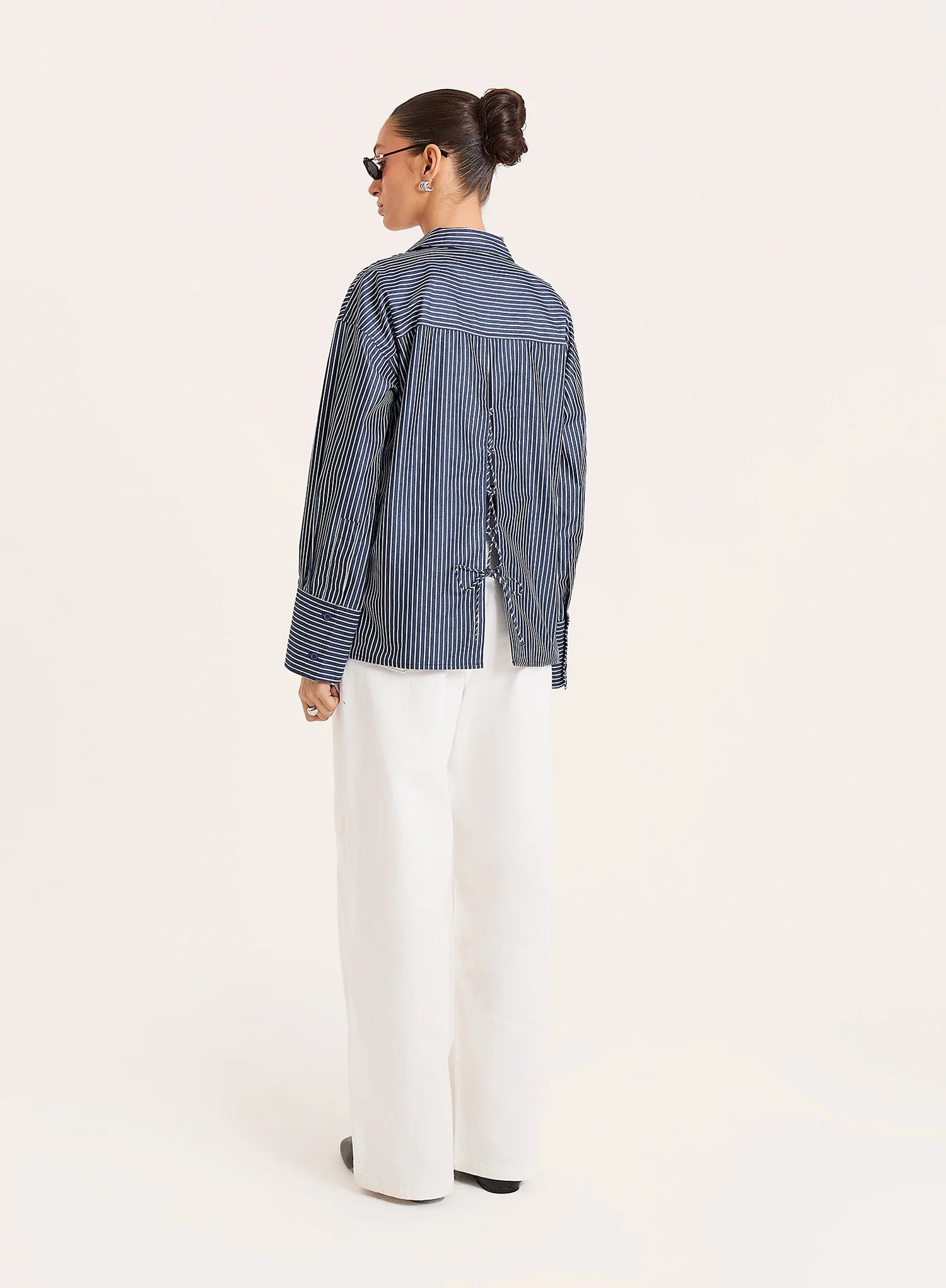 Navy And White Stripe Cotton Tie Back Detail Shirt