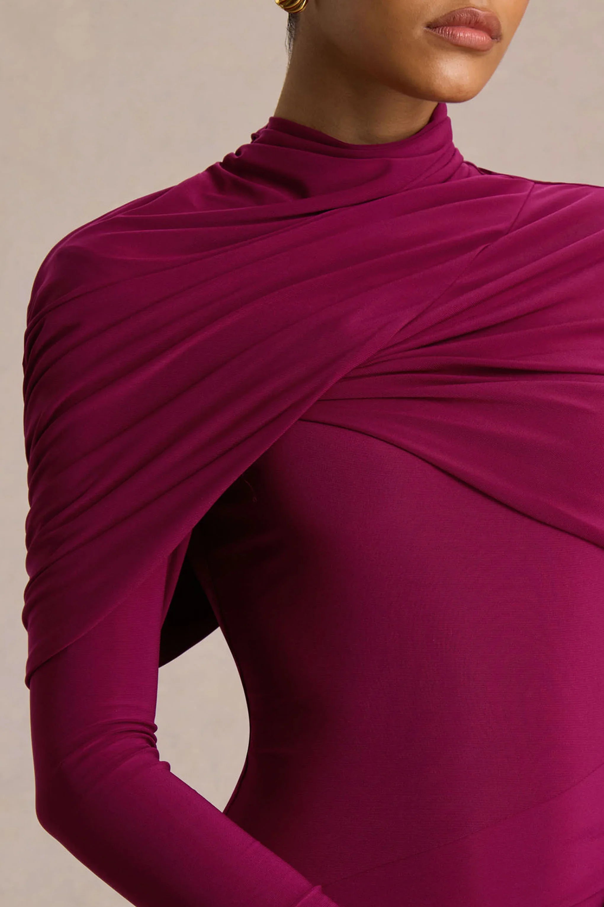 Aneira Burgundy High Neck Maxi Dress With Cape Sleeves