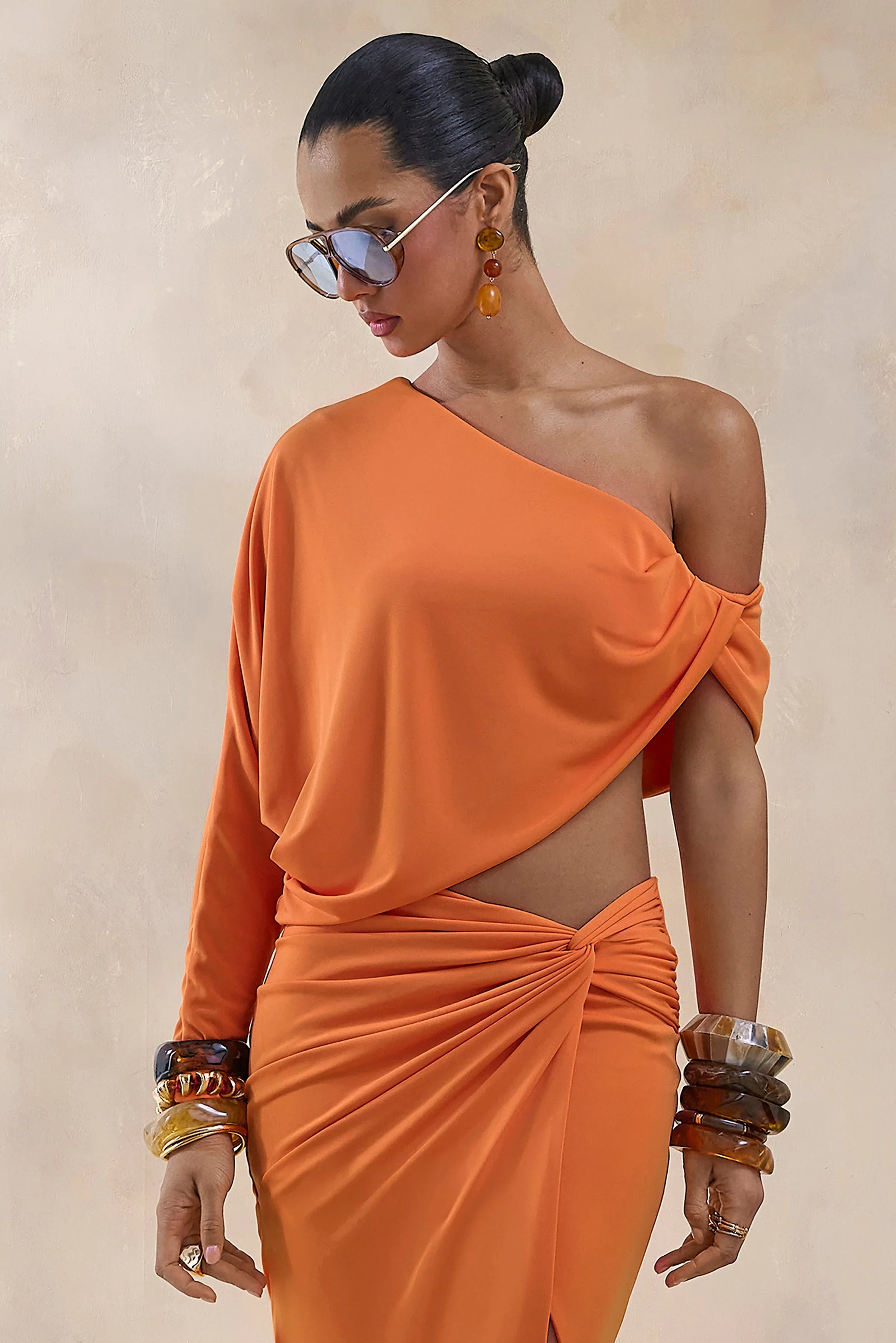 Dua Orange Asymmetric One Sleeve Draped Top