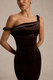 Carella Brown Velvet Twisted Asymmetric Midi Dress
