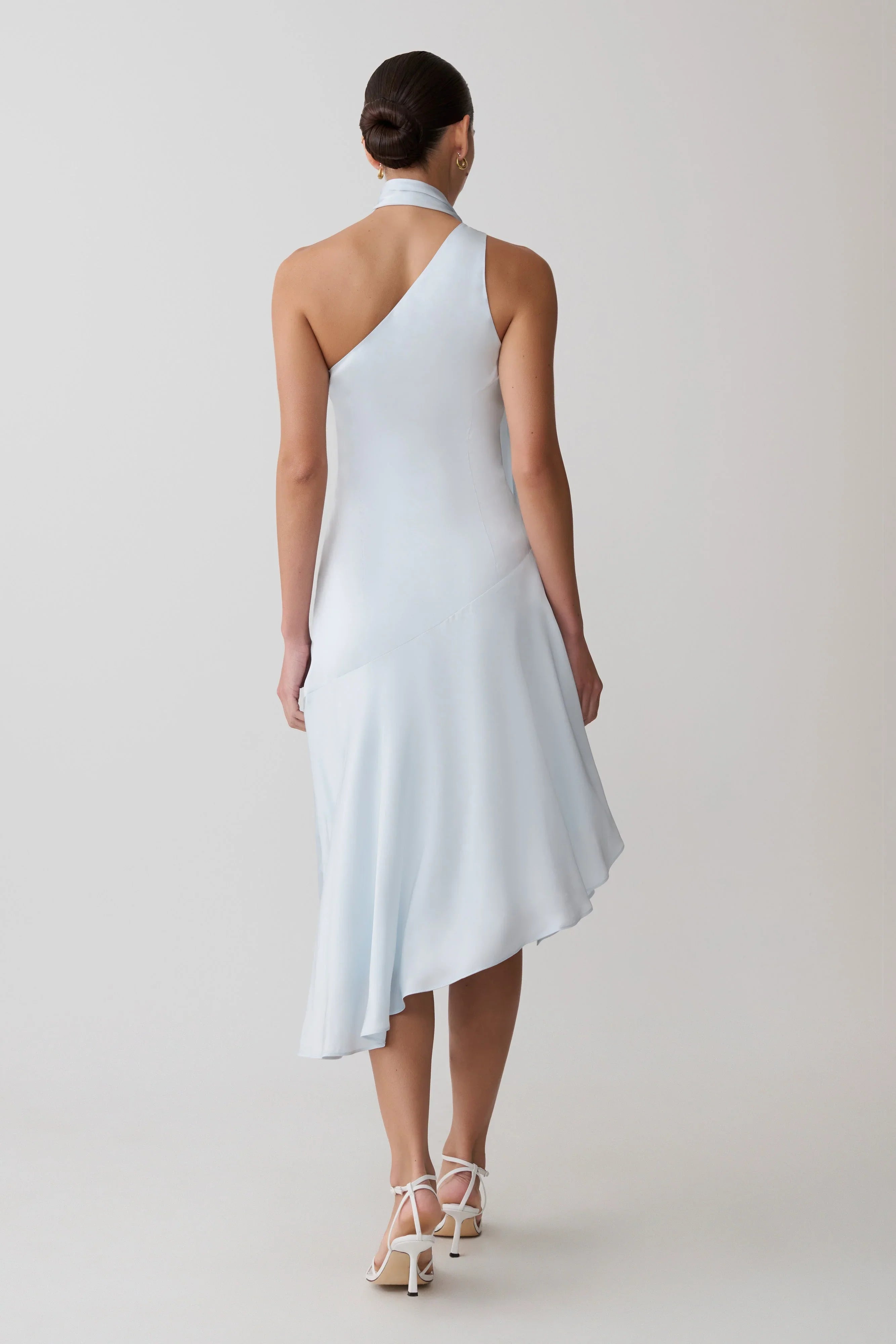 Evelina Halter Asymmetric Hem Midi Dress Ice Blue