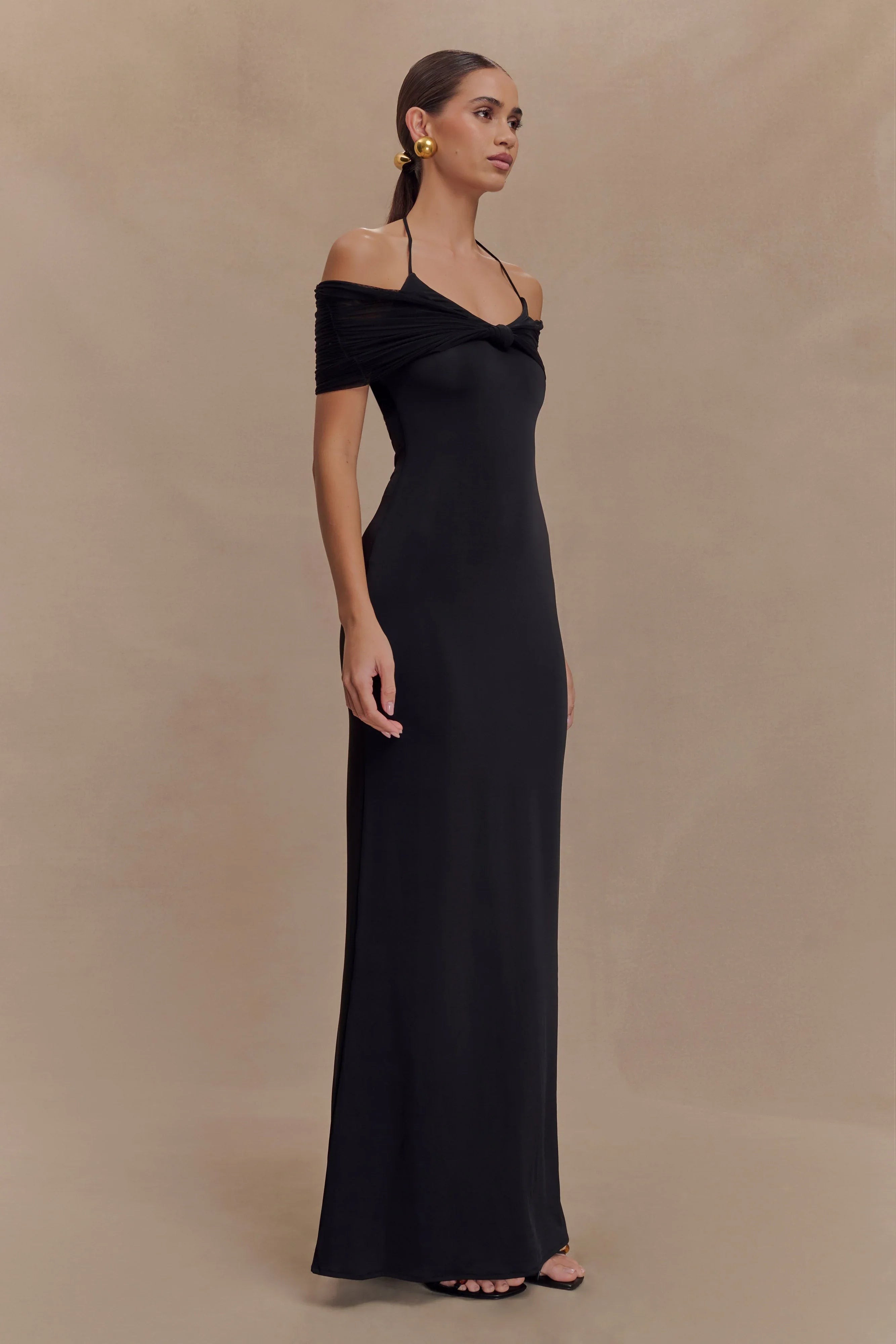 Bernadina Mesh And Slinky Halter Maxi Dress Black