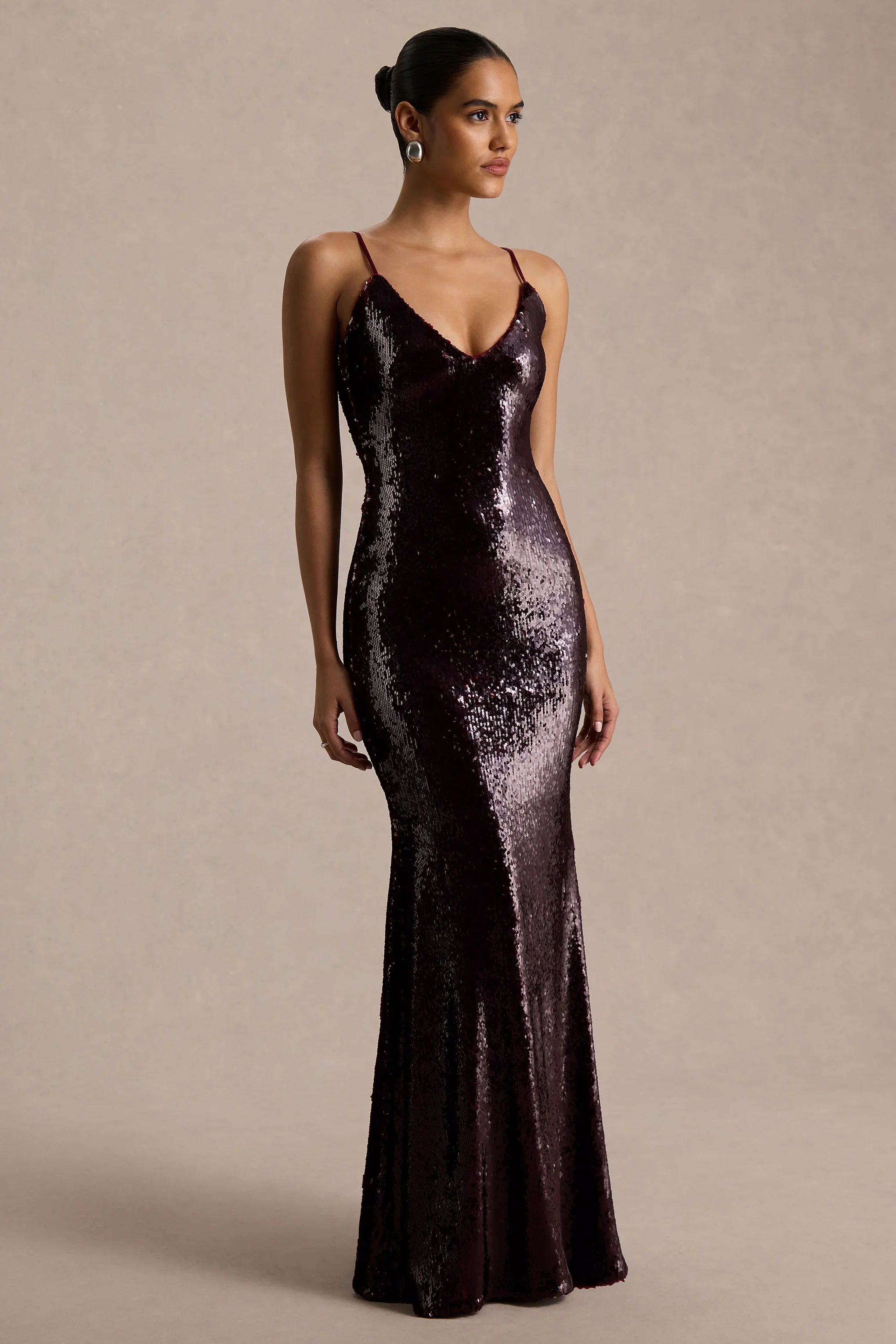Lenor Burgundy Plunge Neck Maxi Dress