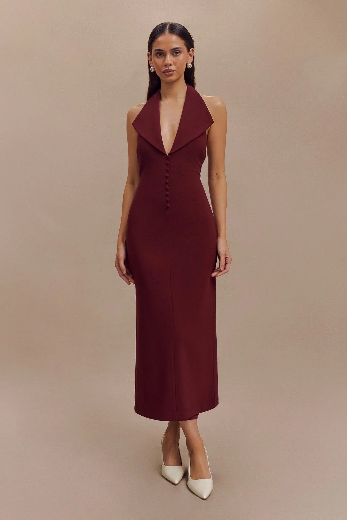 Annita Crepe Halter Midi Dress Merlot